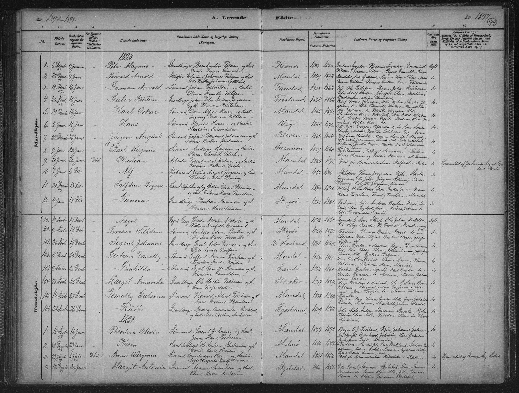 Mandal sokneprestkontor, SAK/1111-0030/F/Fb/Fba/L0011: Parish register (copy) no. B 5, 1880-1898, p. 174