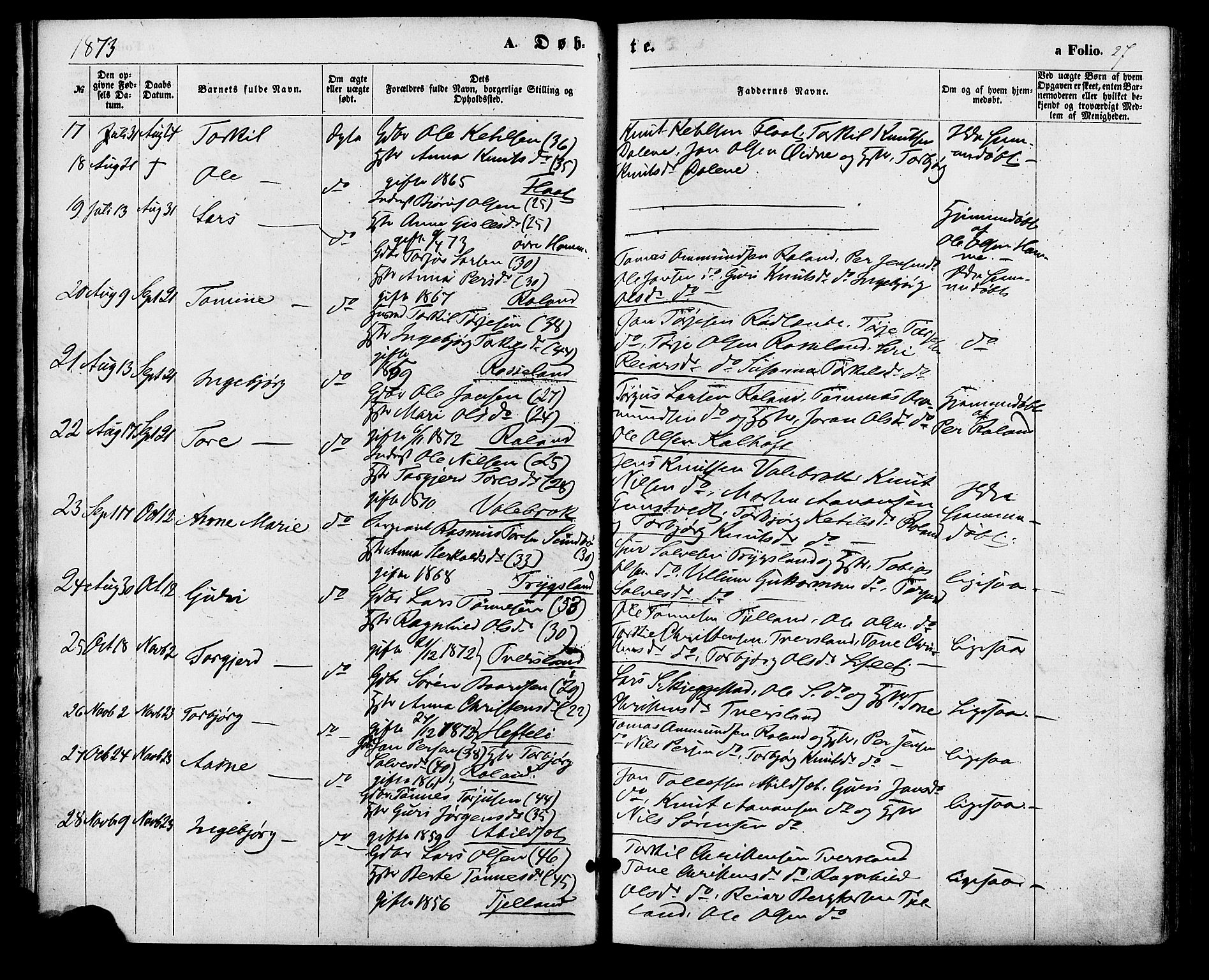 Bjelland sokneprestkontor, AV/SAK-1111-0005/F/Fa/Faa/L0003: Parish register (official) no. A 3, 1867-1887, p. 27