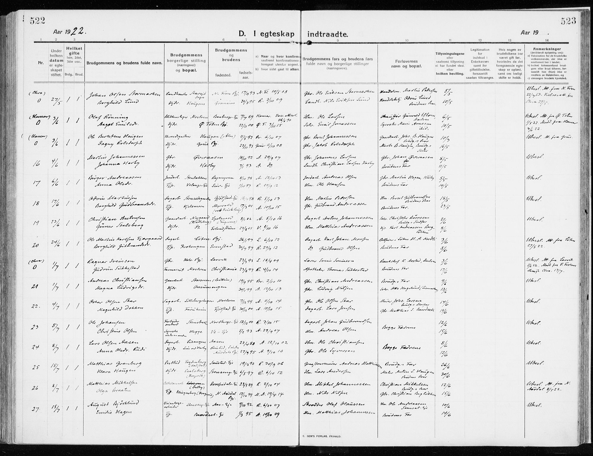 Ringsaker prestekontor, AV/SAH-PREST-014/K/Ka/L0020: Parish register (official) no. 20, 1913-1922, p. 522-523