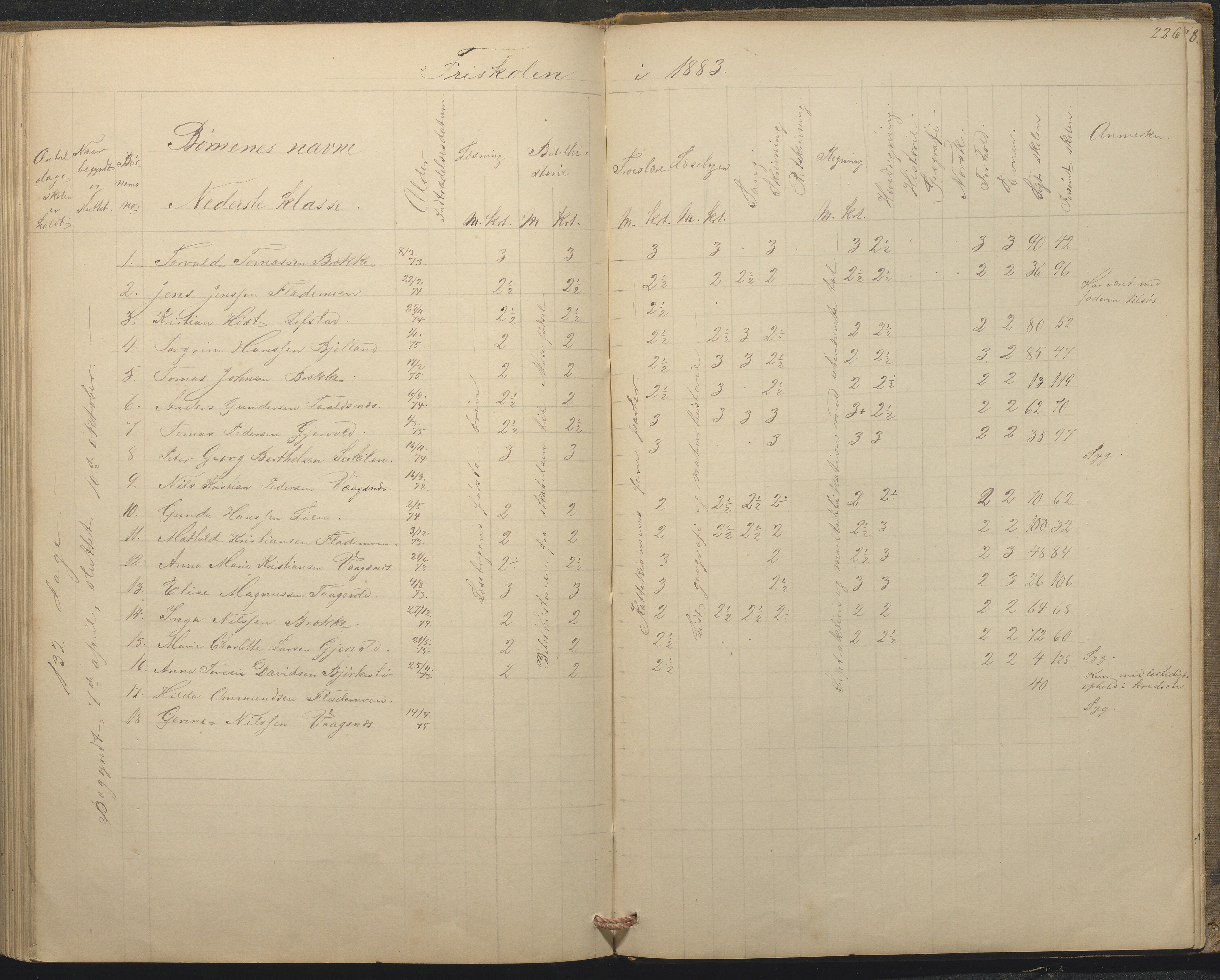 Tromøy kommune frem til 1971, AAKS/KA0921-PK/04/L0015: Flademoen - Karakterprotokoll, 1851-1890, p. 225