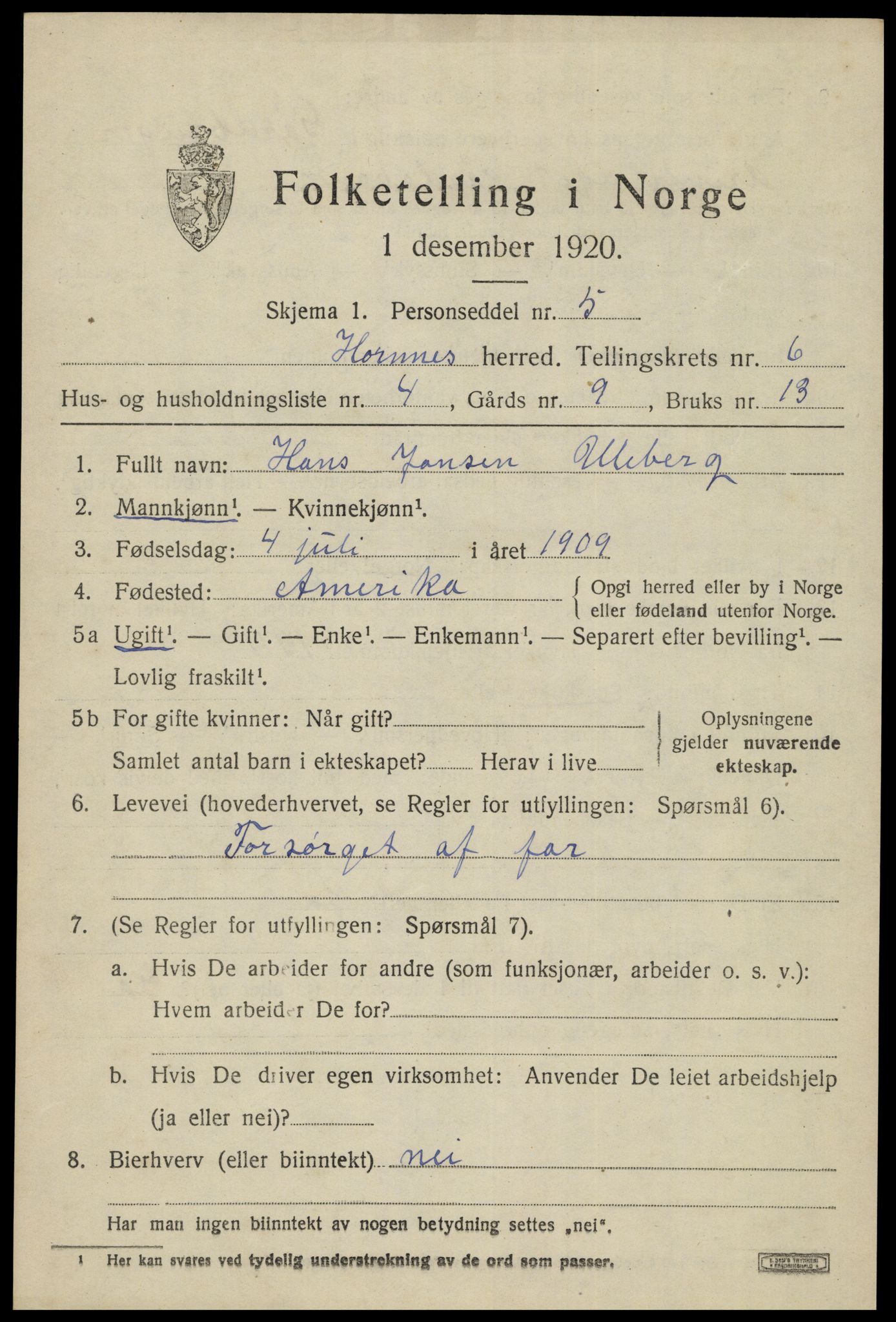 SAK, 1920 census for Hornnes, 1920, p. 1595