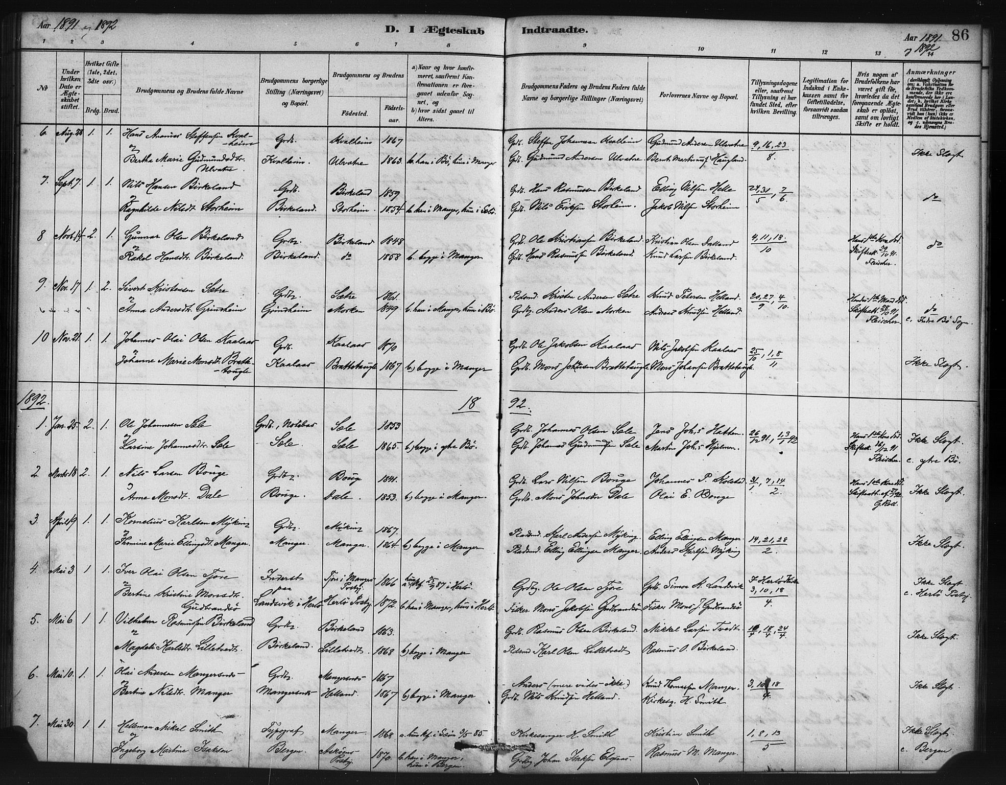 Manger sokneprestembete, SAB/A-76801/H/Haa: Parish register (official) no. B 1, 1881-1892, p. 86