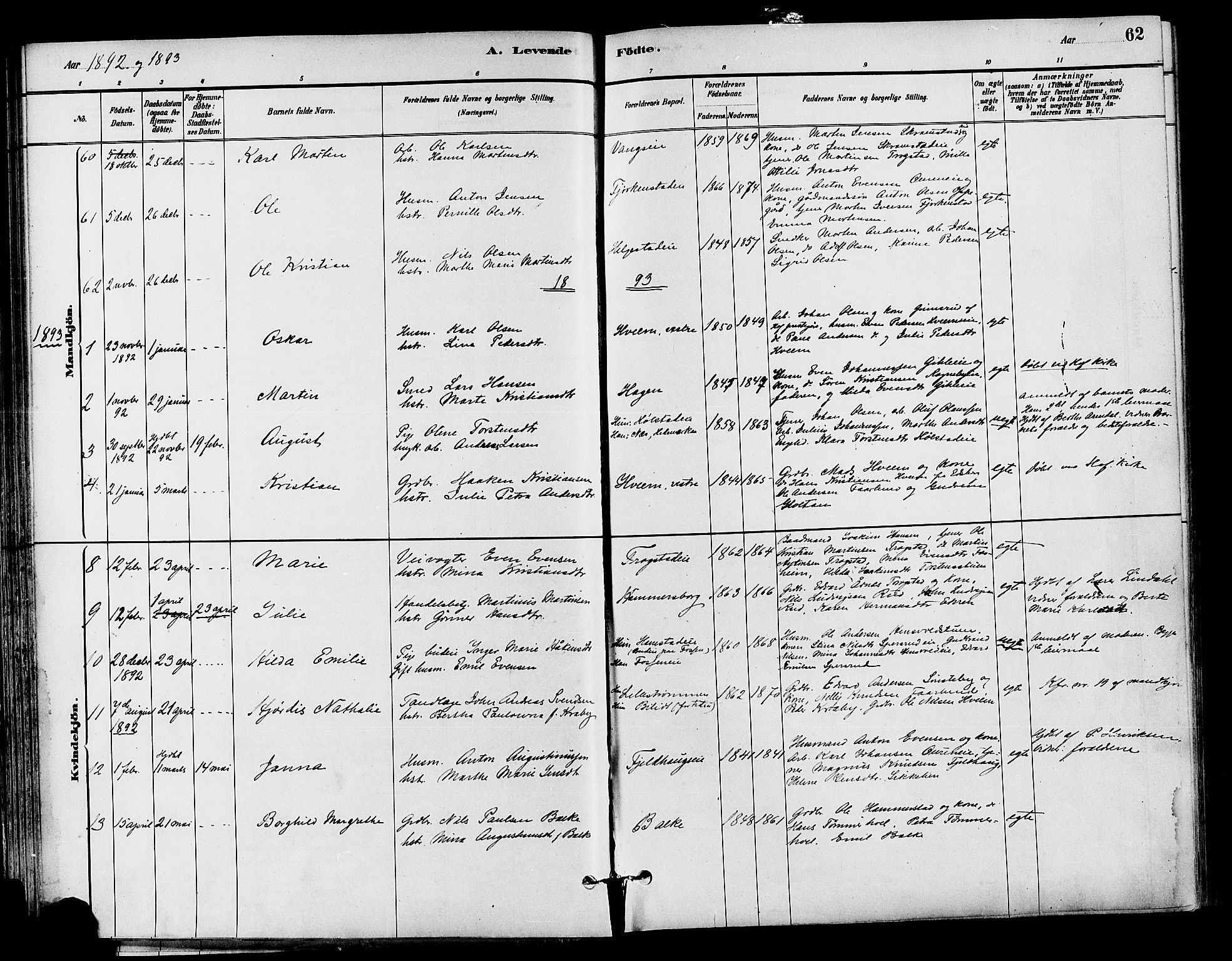 Østre Toten prestekontor, AV/SAH-PREST-104/H/Ha/Haa/L0007: Parish register (official) no. 7, 1881-1896, p. 62