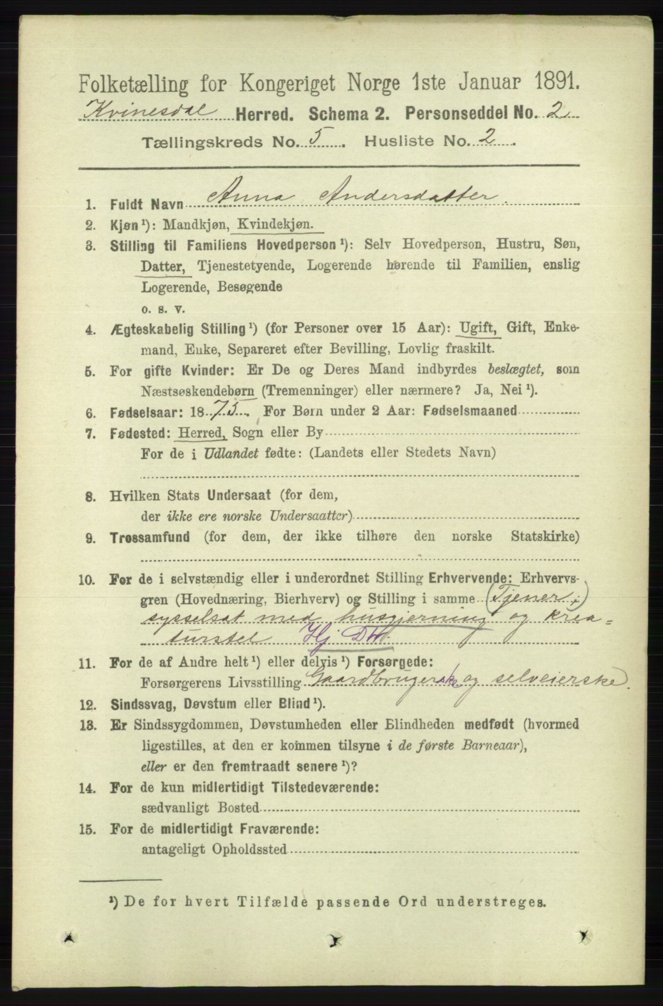 RA, 1891 census for 1037 Kvinesdal, 1891, p. 1704