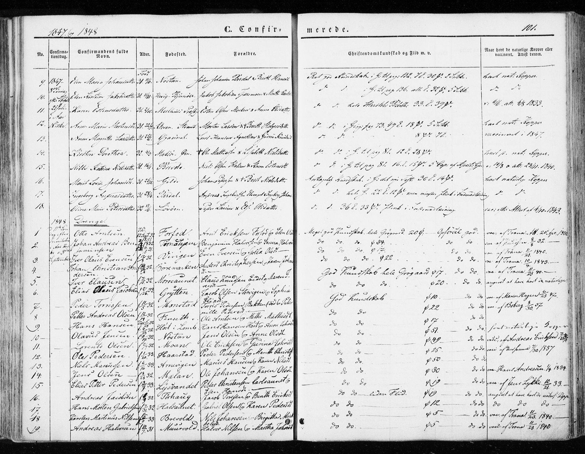 Ministerialprotokoller, klokkerbøker og fødselsregistre - Sør-Trøndelag, SAT/A-1456/655/L0677: Parish register (official) no. 655A06, 1847-1860, p. 101
