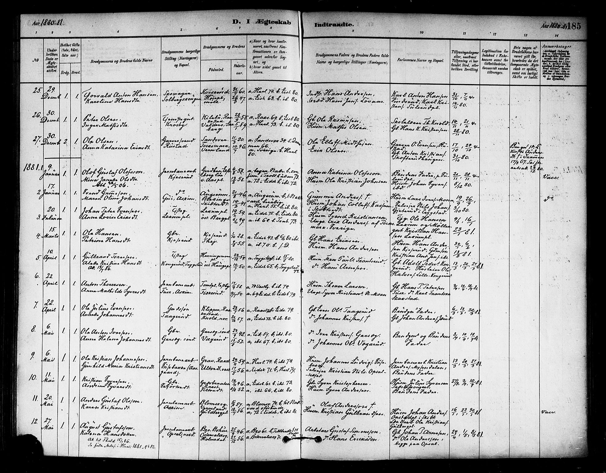 Eidsberg prestekontor Kirkebøker, SAO/A-10905/F/Fa/L0012: Parish register (official) no. I 12, 1879-1901, p. 185