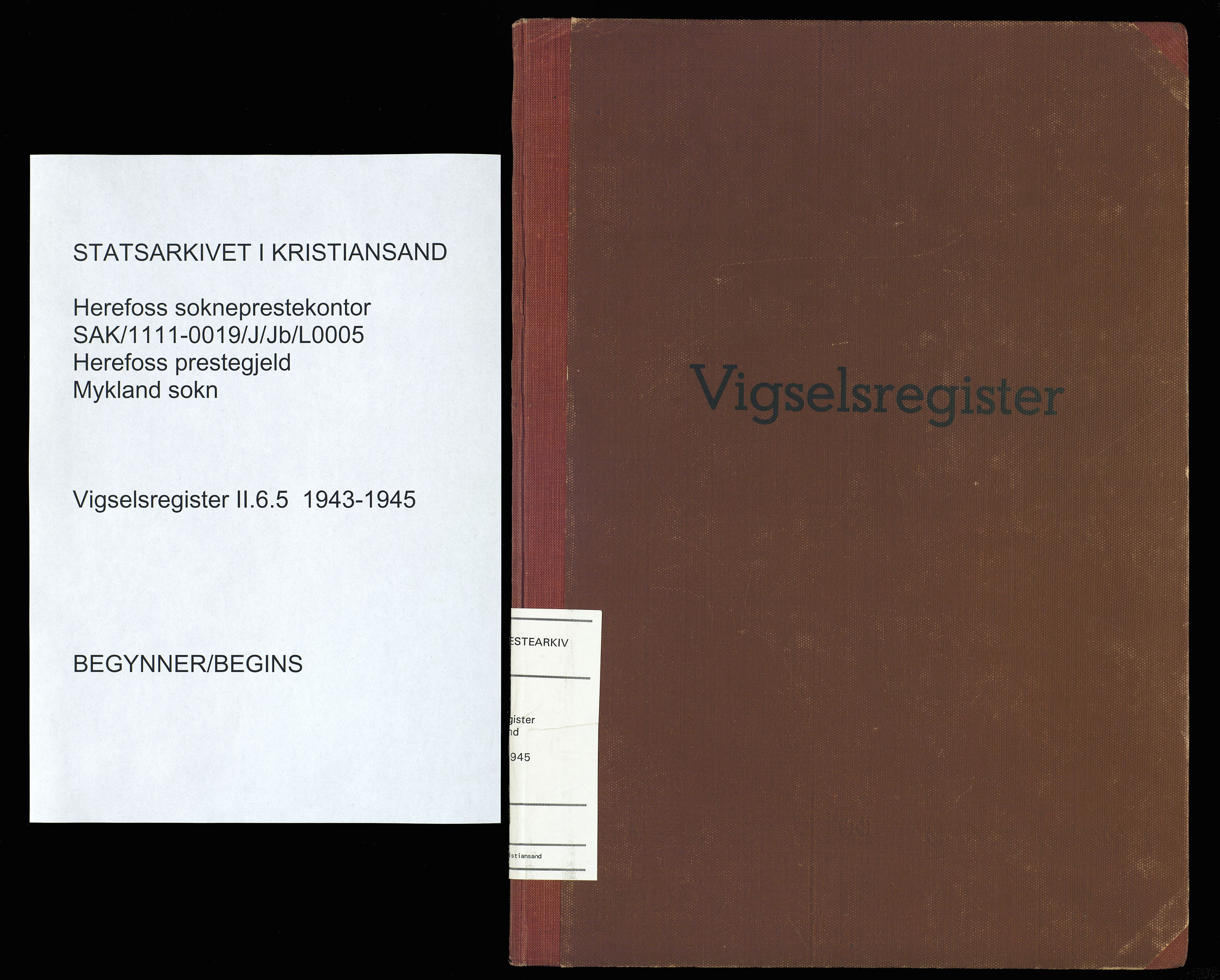 Herefoss sokneprestkontor, AV/SAK-1111-0019/J/Jb/L0005: Marriage register no. II.6.5, 1943-1945