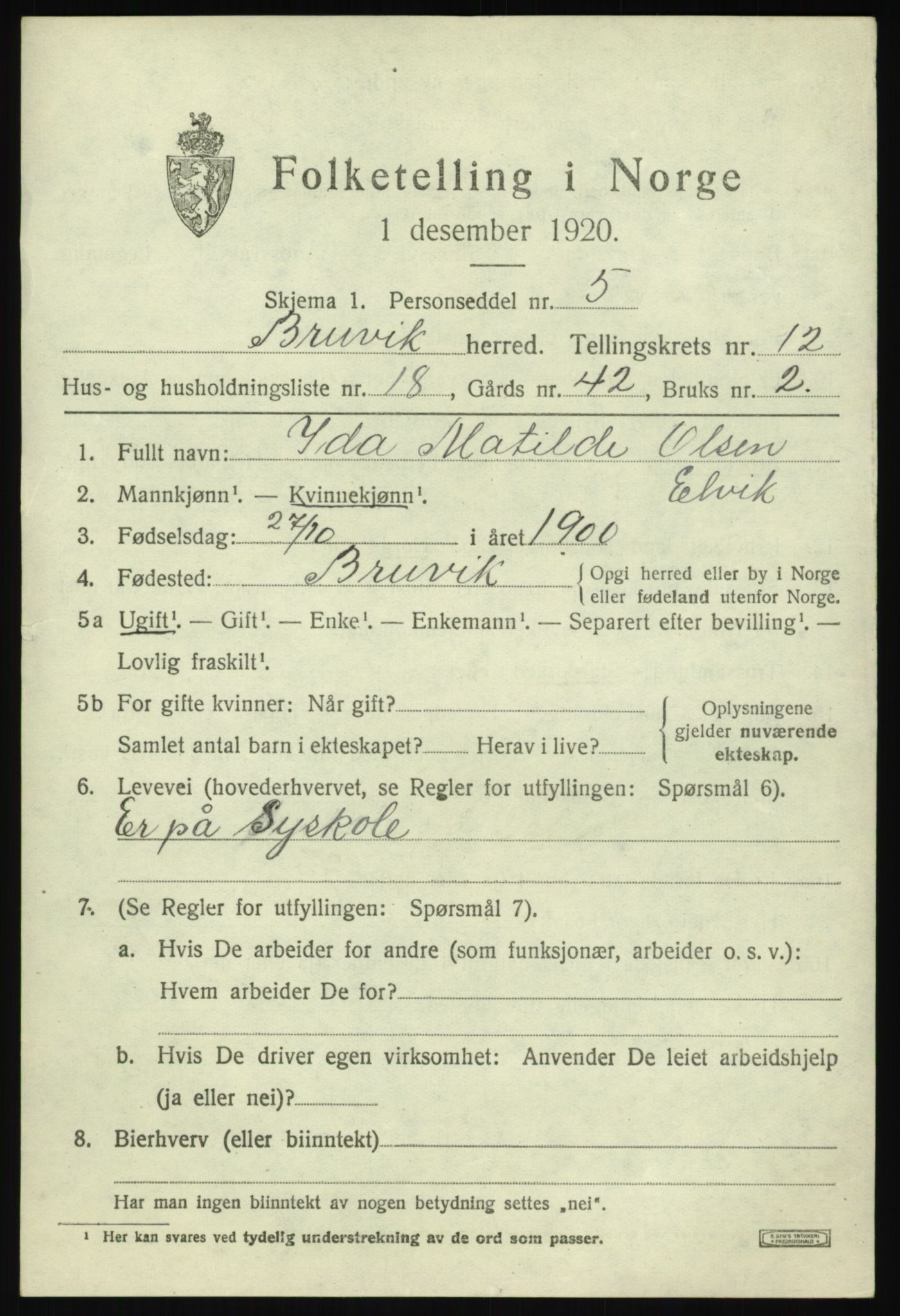 SAB, 1920 census for Bruvik, 1920, p. 8118