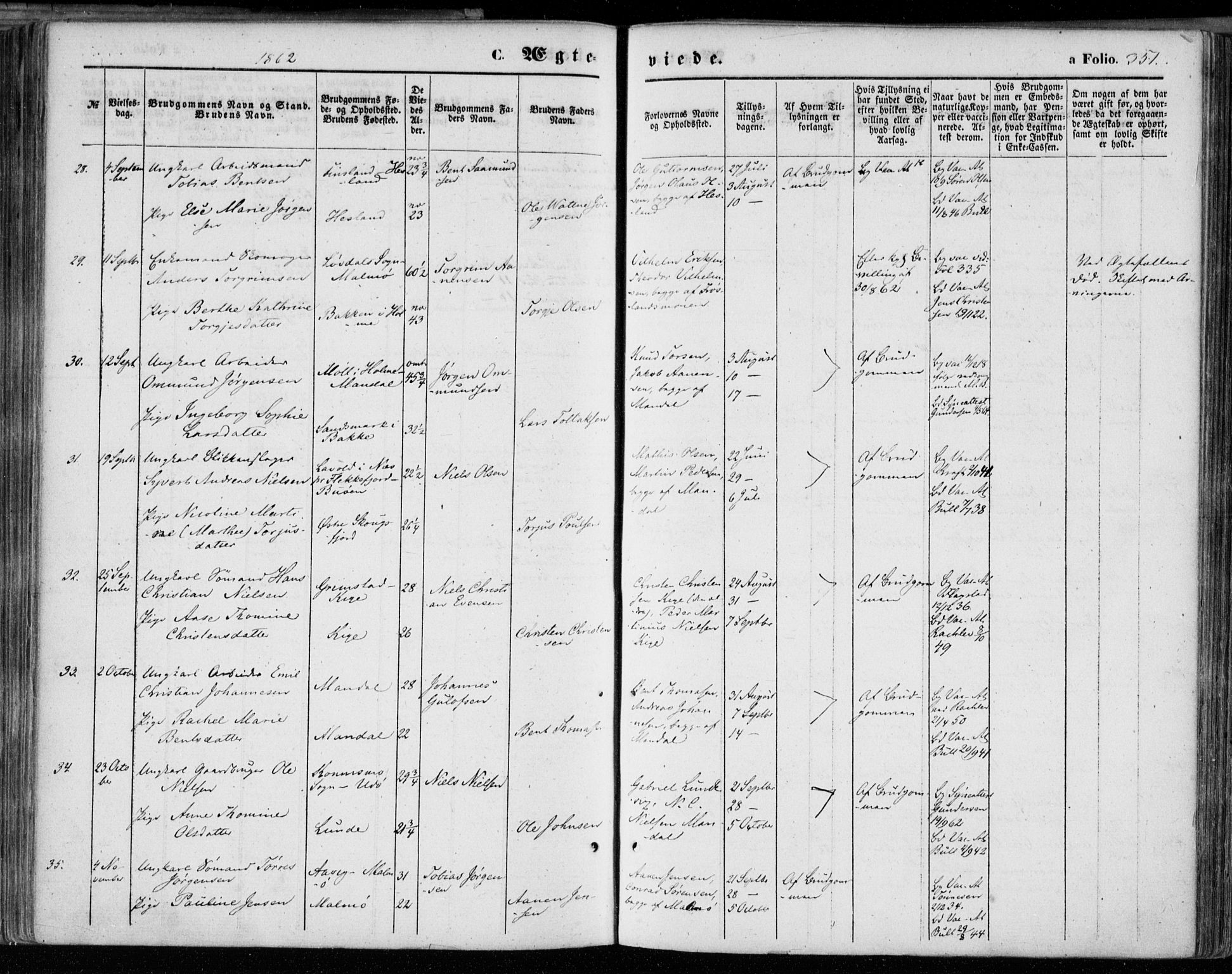 Mandal sokneprestkontor, AV/SAK-1111-0030/F/Fa/Faa/L0014: Parish register (official) no. A 14, 1859-1872, p. 351