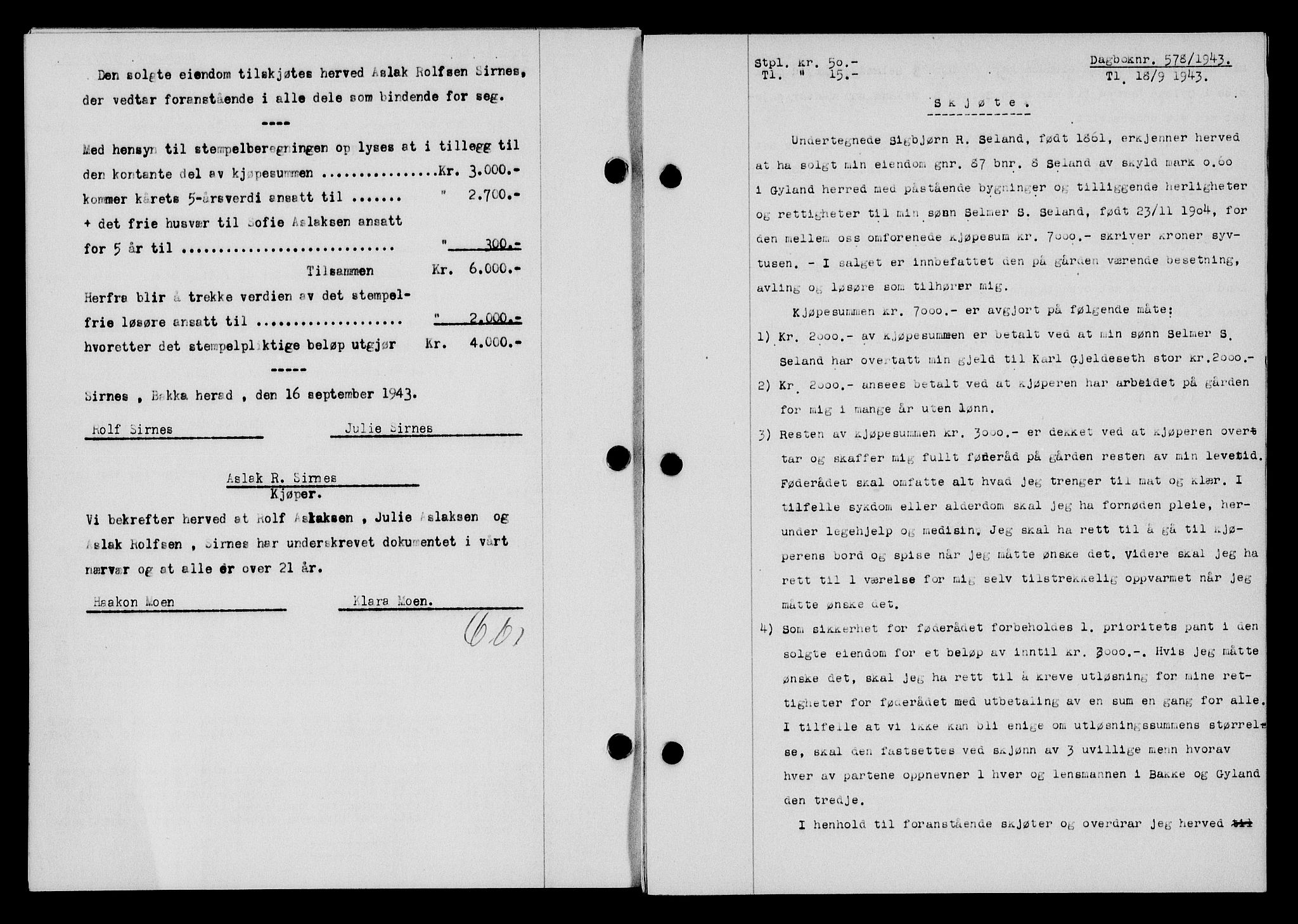 Flekkefjord sorenskriveri, SAK/1221-0001/G/Gb/Gba/L0058: Mortgage book no. A-6, 1942-1944, Diary no: : 578/1943