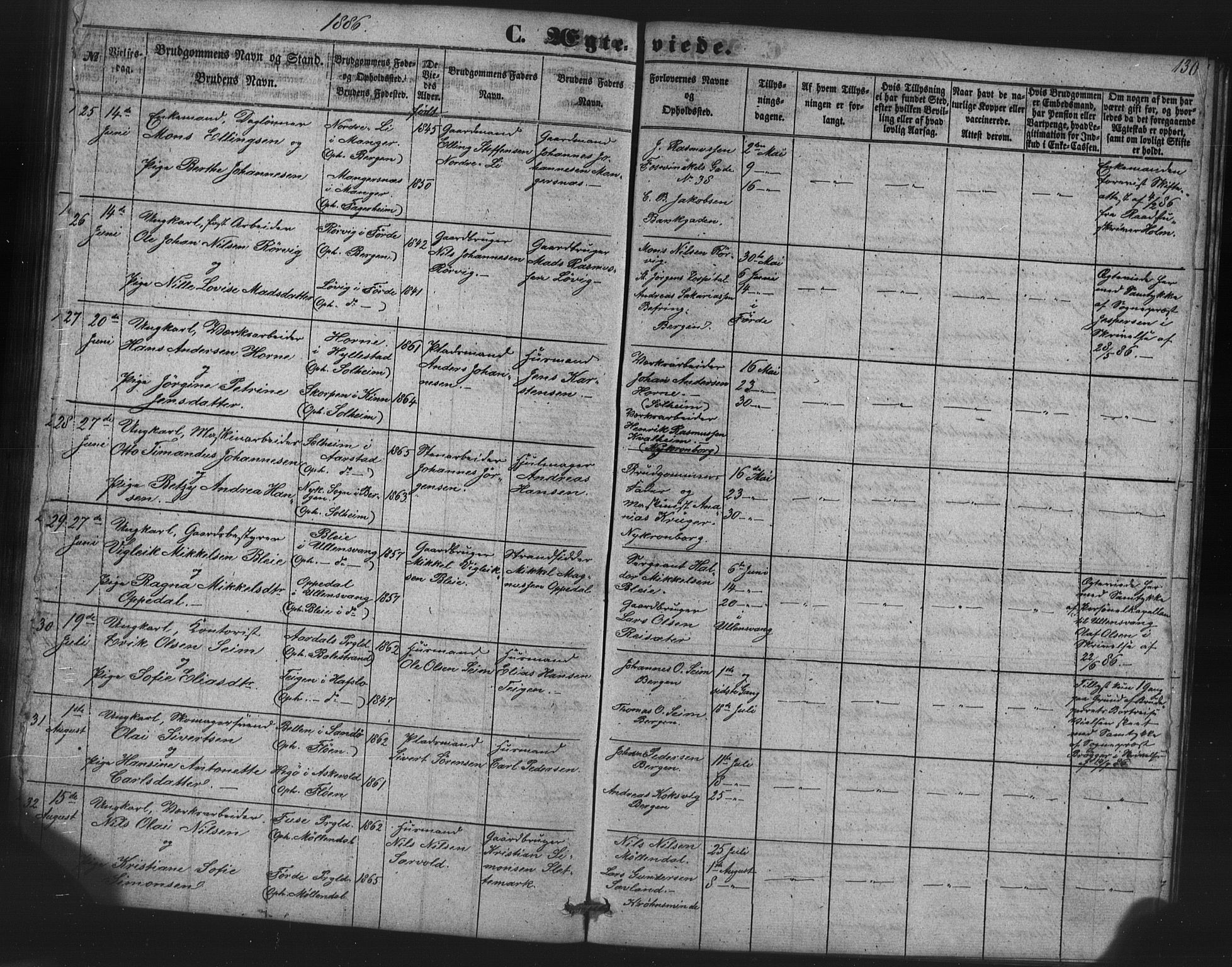 St. Jørgens hospital og Årstad sokneprestembete, AV/SAB-A-99934: Parish register (copy) no. A 7, 1854-1886, p. 130