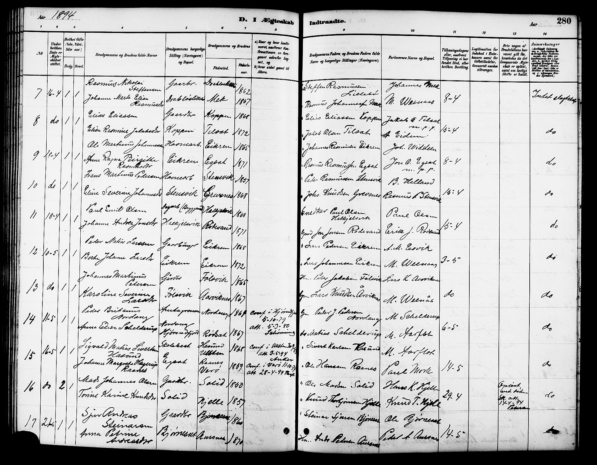 Ministerialprotokoller, klokkerbøker og fødselsregistre - Møre og Romsdal, AV/SAT-A-1454/511/L0158: Parish register (copy) no. 511C04, 1884-1903, p. 280