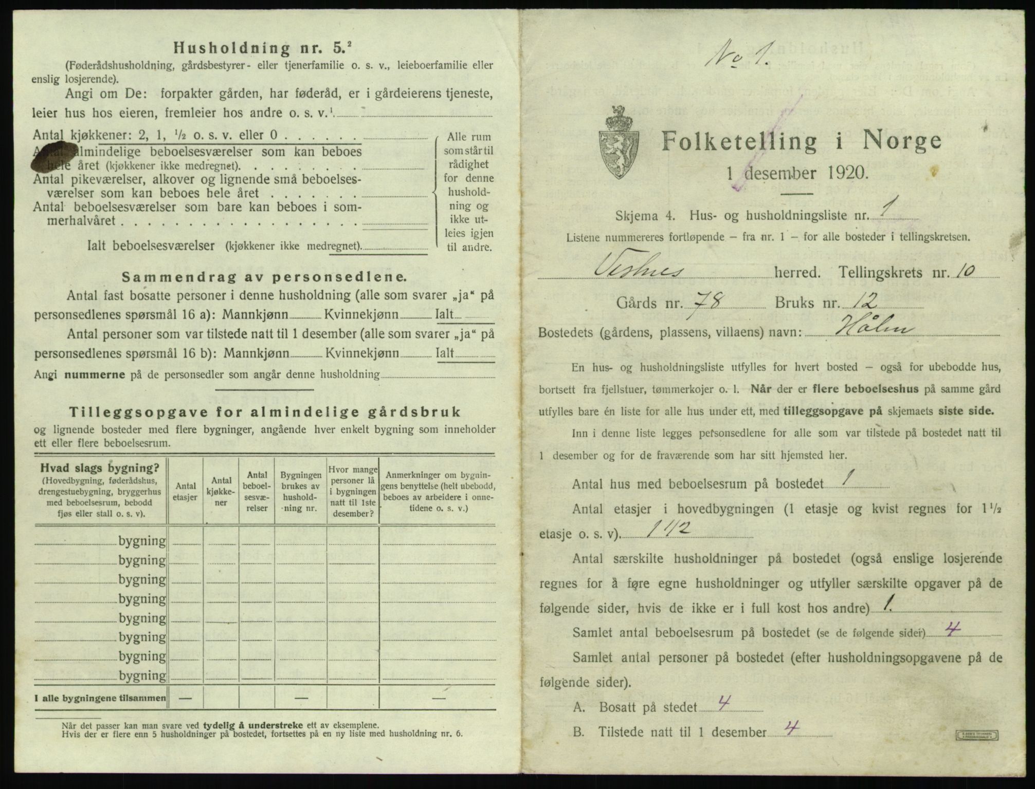 SAT, 1920 census for Vestnes, 1920, p. 1047