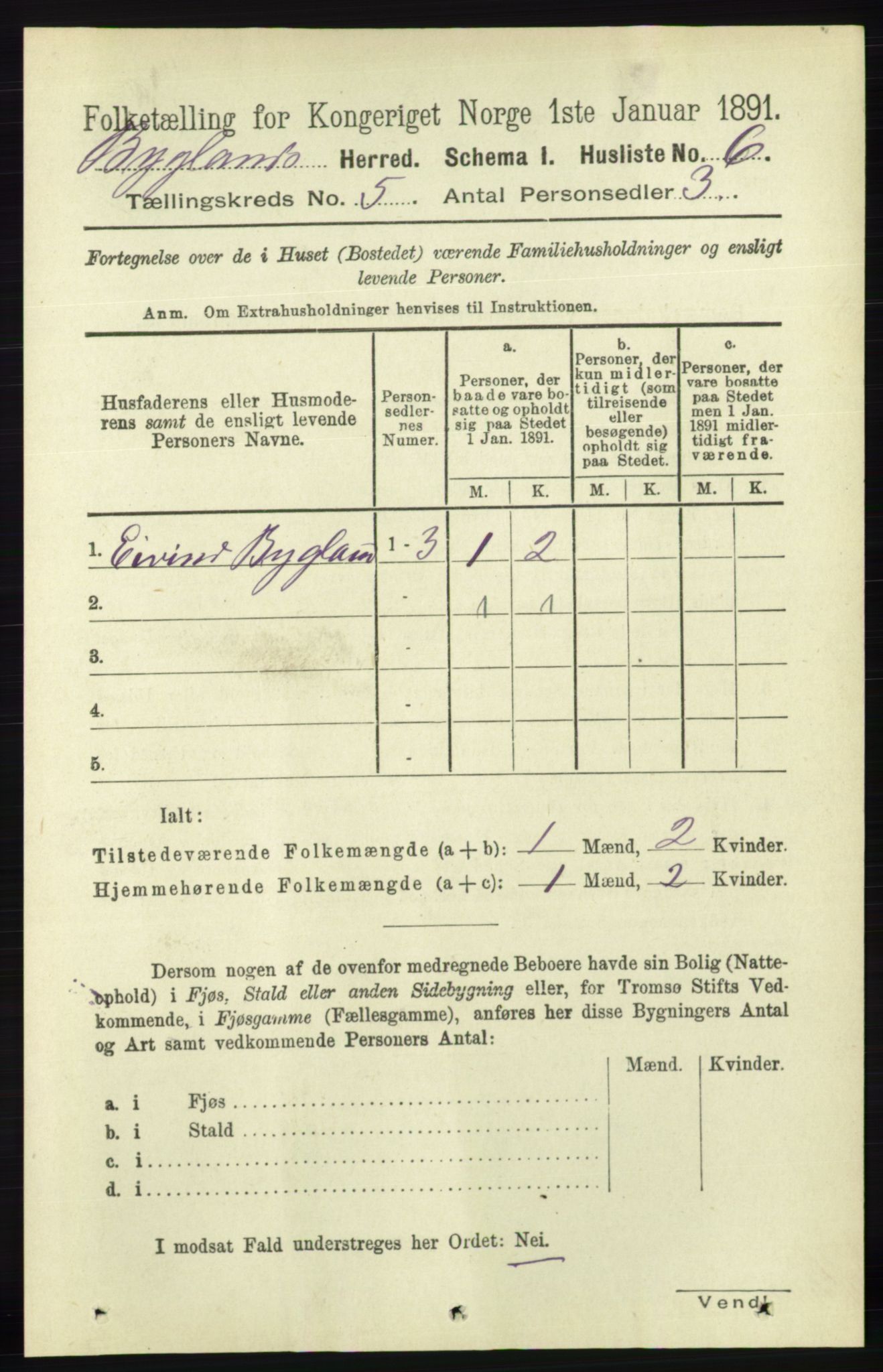 RA, 1891 census for 0938 Bygland, 1891, p. 1003