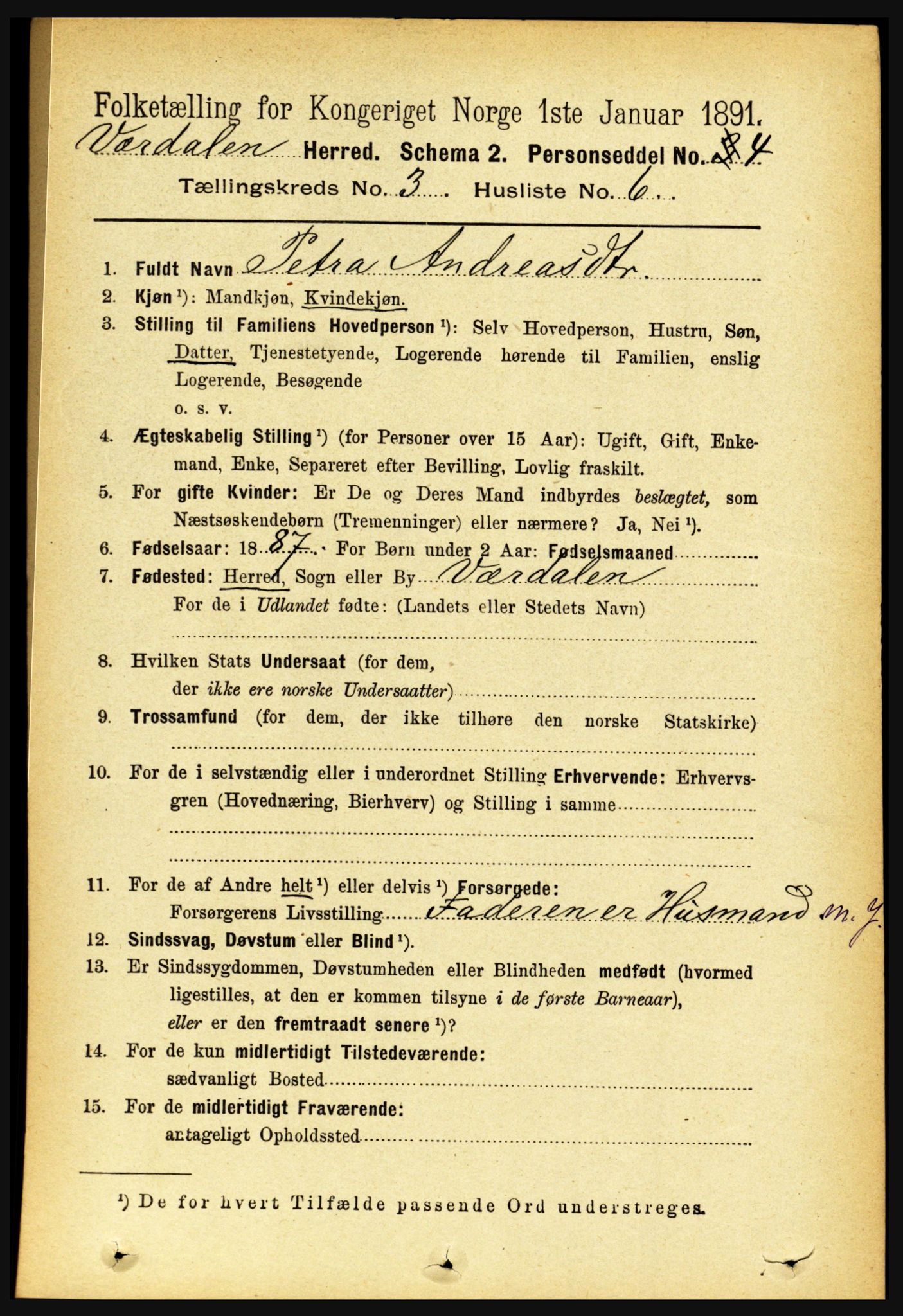 RA, 1891 census for 1721 Verdal, 1891, p. 1807