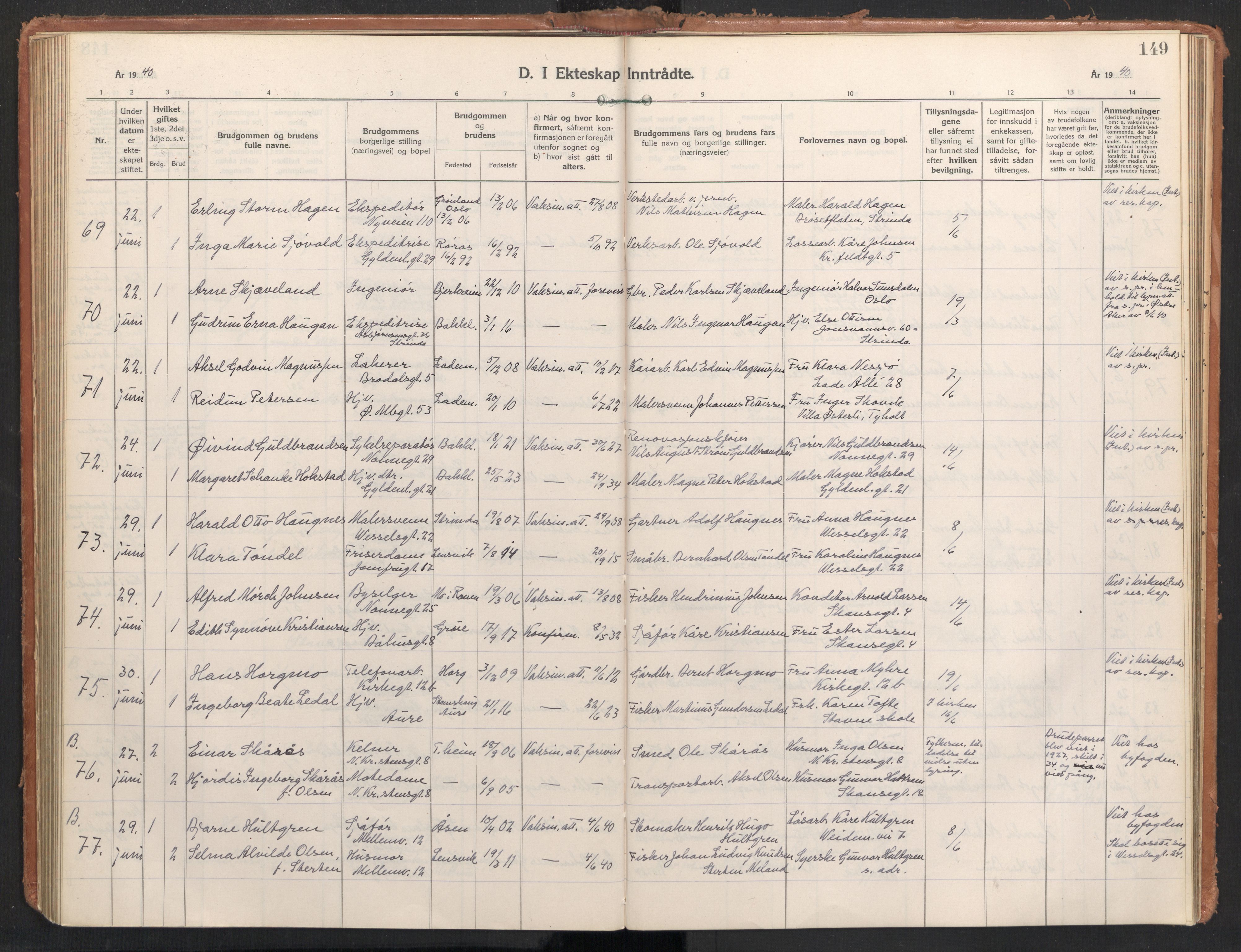 Ministerialprotokoller, klokkerbøker og fødselsregistre - Sør-Trøndelag, SAT/A-1456/604/L0209: Parish register (official) no. 604A29, 1931-1945, p. 149