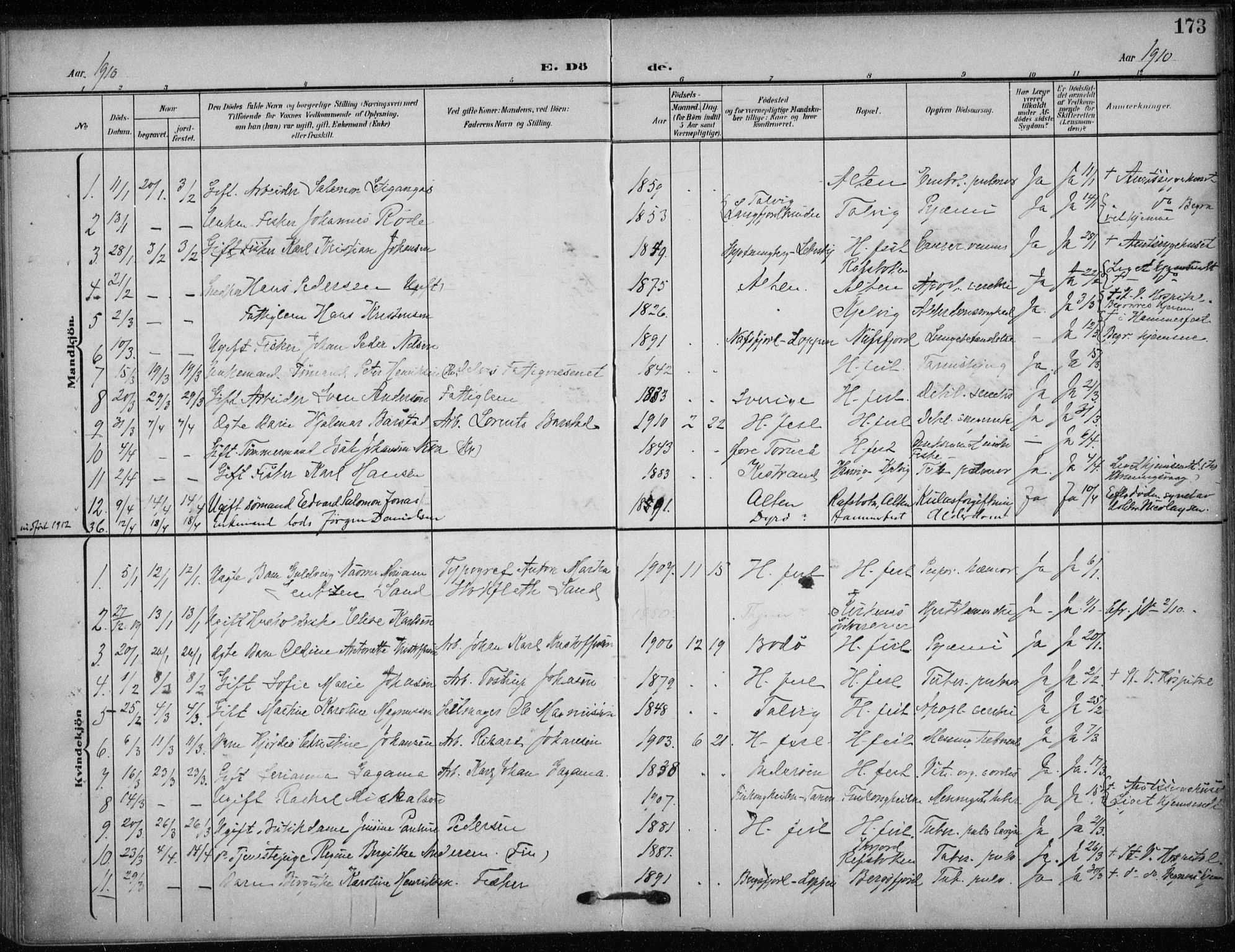 Hammerfest sokneprestkontor, SATØ/S-1347/H/Ha/L0014.kirke: Parish register (official) no. 14, 1906-1916, p. 173