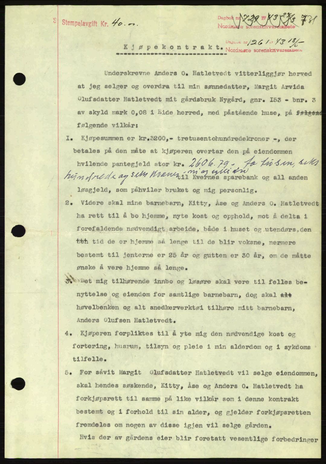 Nordmøre sorenskriveri, AV/SAT-A-4132/1/2/2Ca: Mortgage book no. B90, 1942-1943, Diary no: : 1261/1943