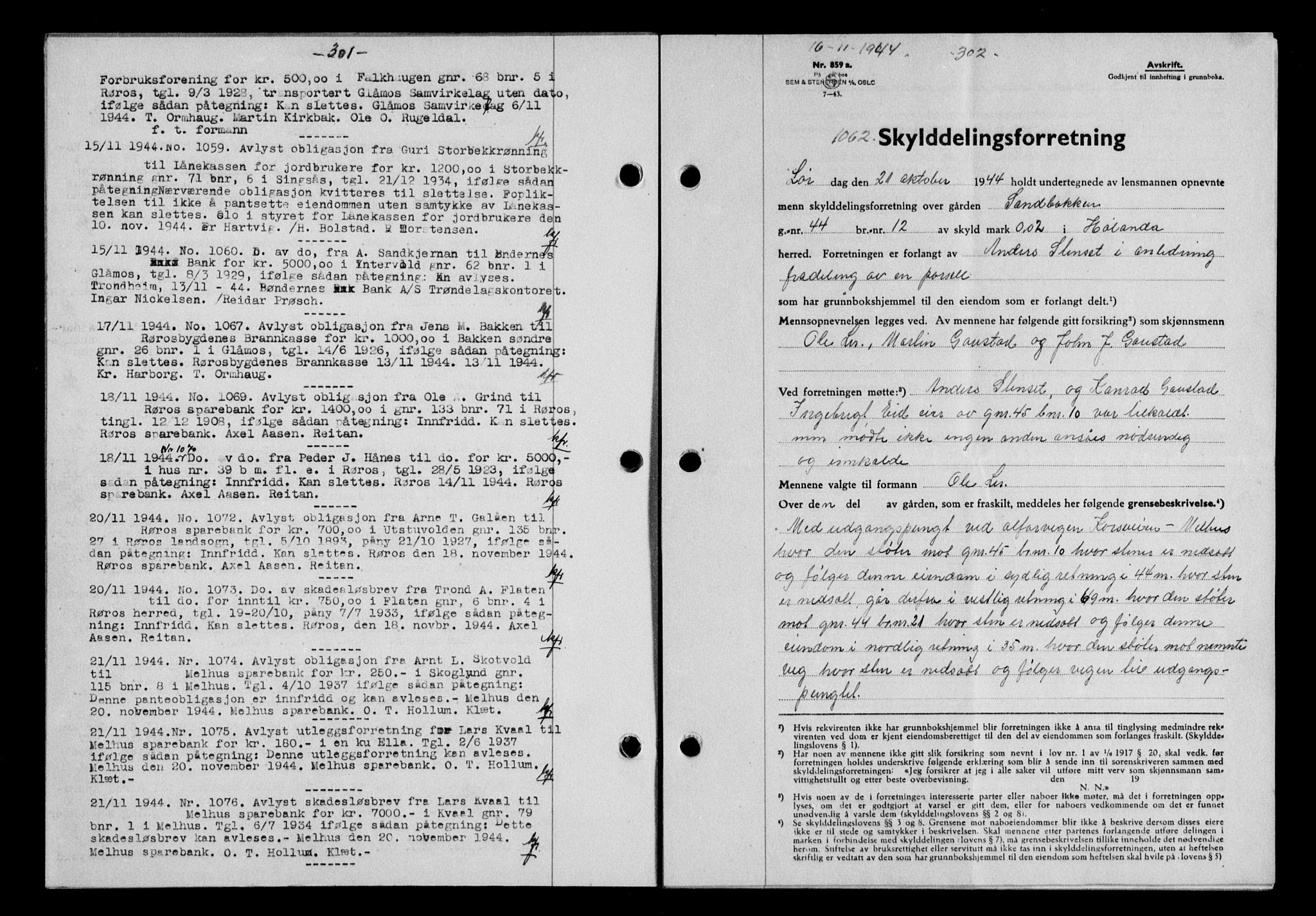 Gauldal sorenskriveri, SAT/A-0014/1/2/2C/L0058: Mortgage book no. 63, 1944-1945, Diary no: : 1062/1944