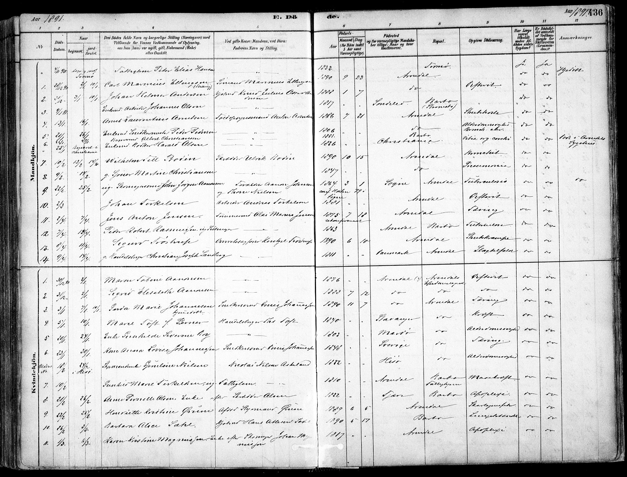 Arendal sokneprestkontor, Trefoldighet, SAK/1111-0040/F/Fa/L0008: Parish register (official) no. A 8, 1878-1899, p. 436
