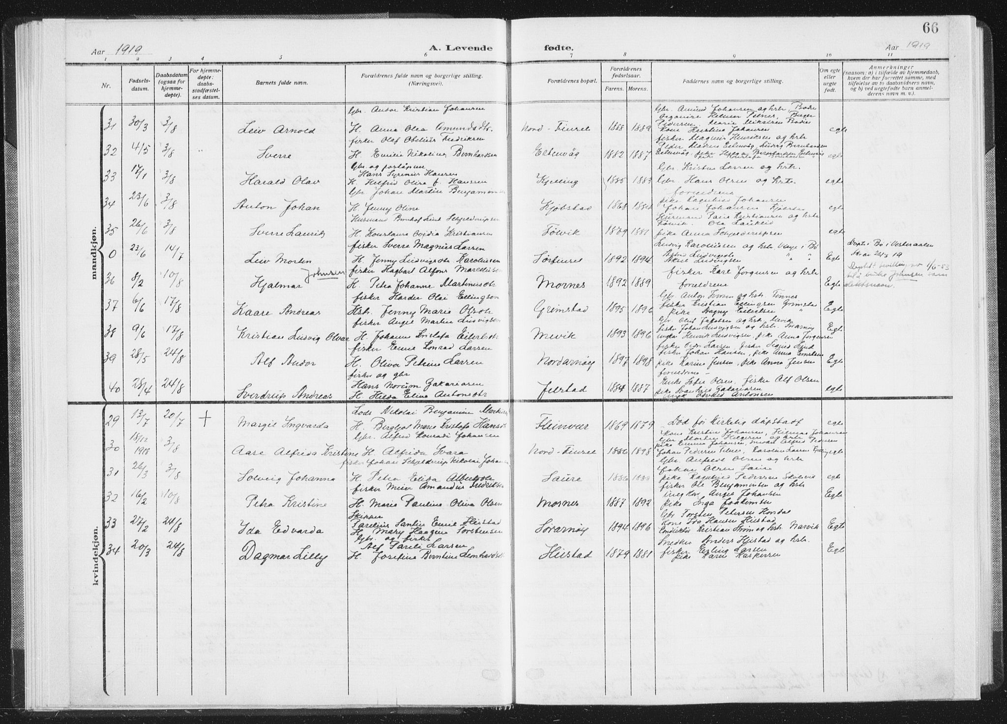 Ministerialprotokoller, klokkerbøker og fødselsregistre - Nordland, AV/SAT-A-1459/805/L0104: Parish register (official) no. 805A09, 1909-1926, p. 66