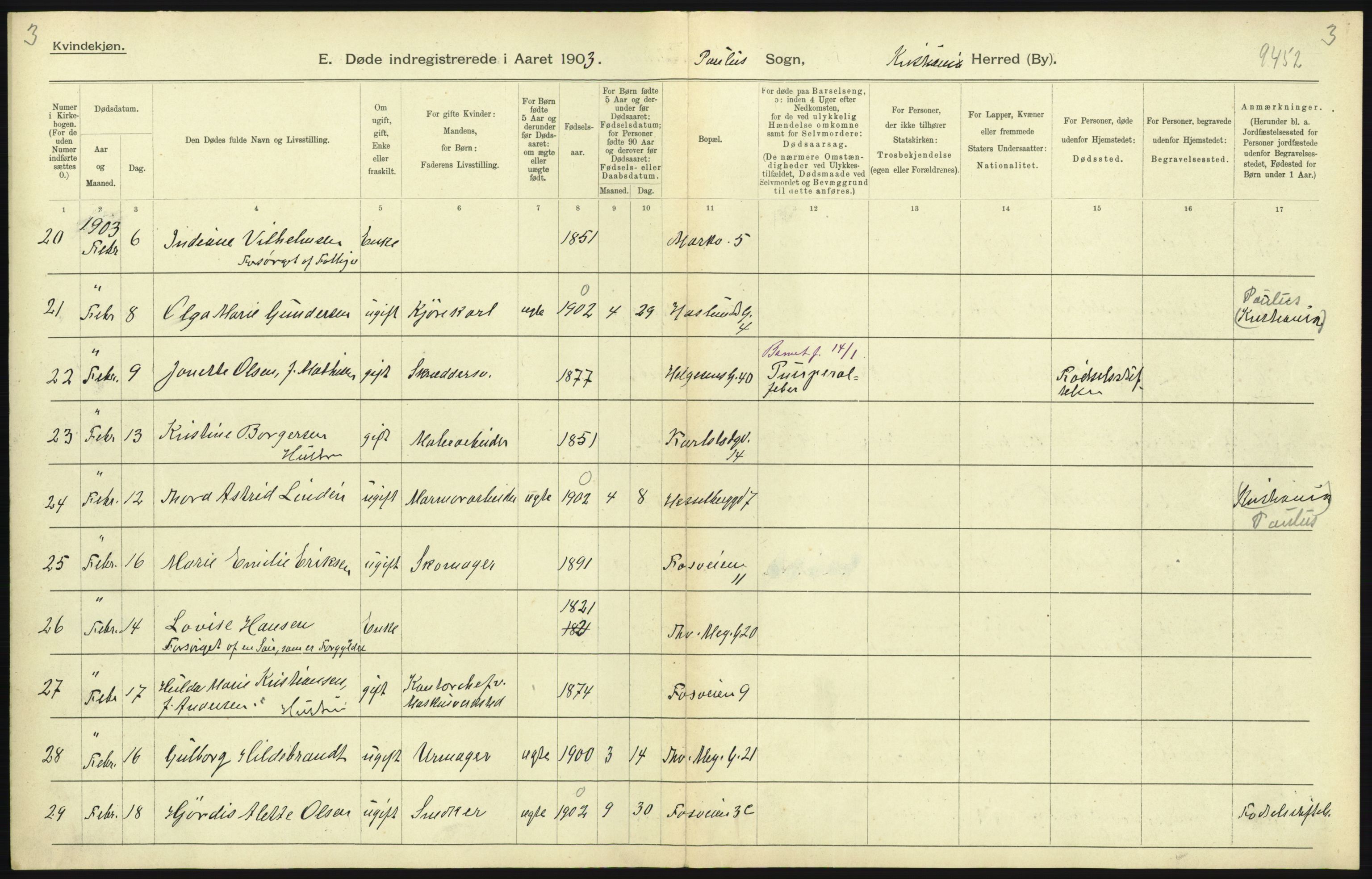 Statistisk sentralbyrå, Sosiodemografiske emner, Befolkning, AV/RA-S-2228/D/Df/Dfa/Dfaa/L0004: Kristiania: Gifte, døde, 1903, p. 303