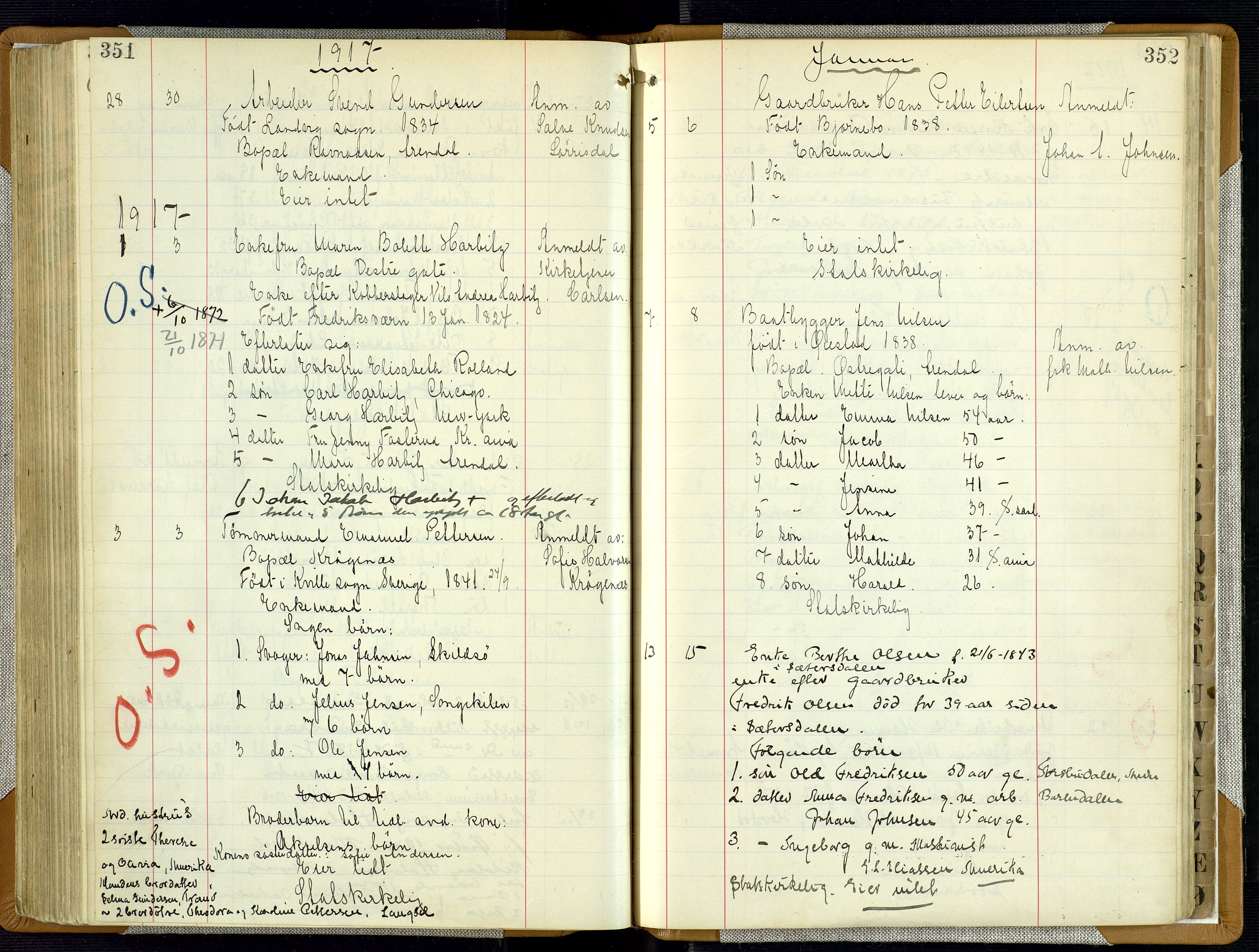 Arendal byfogd, SAK/1222-0001/H/Ha/L0003: Dødsfallsprotokoll, 1908-1917, p. 351-352