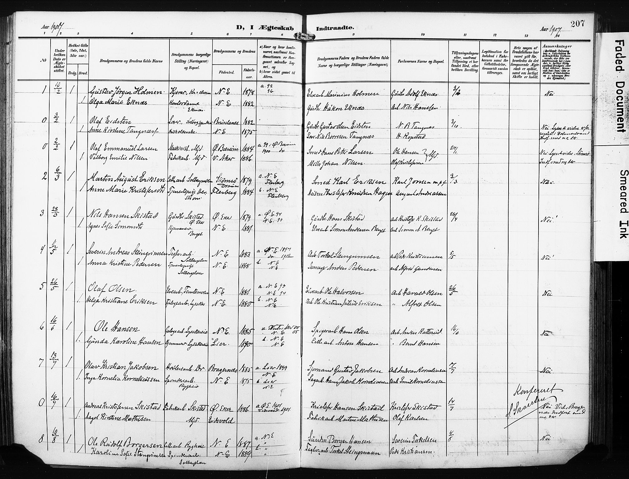 Nedre Eiker kirkebøker, AV/SAKO-A-612/F/Fa/L0006: Parish register (official) no. 6, 1906-1912, p. 207