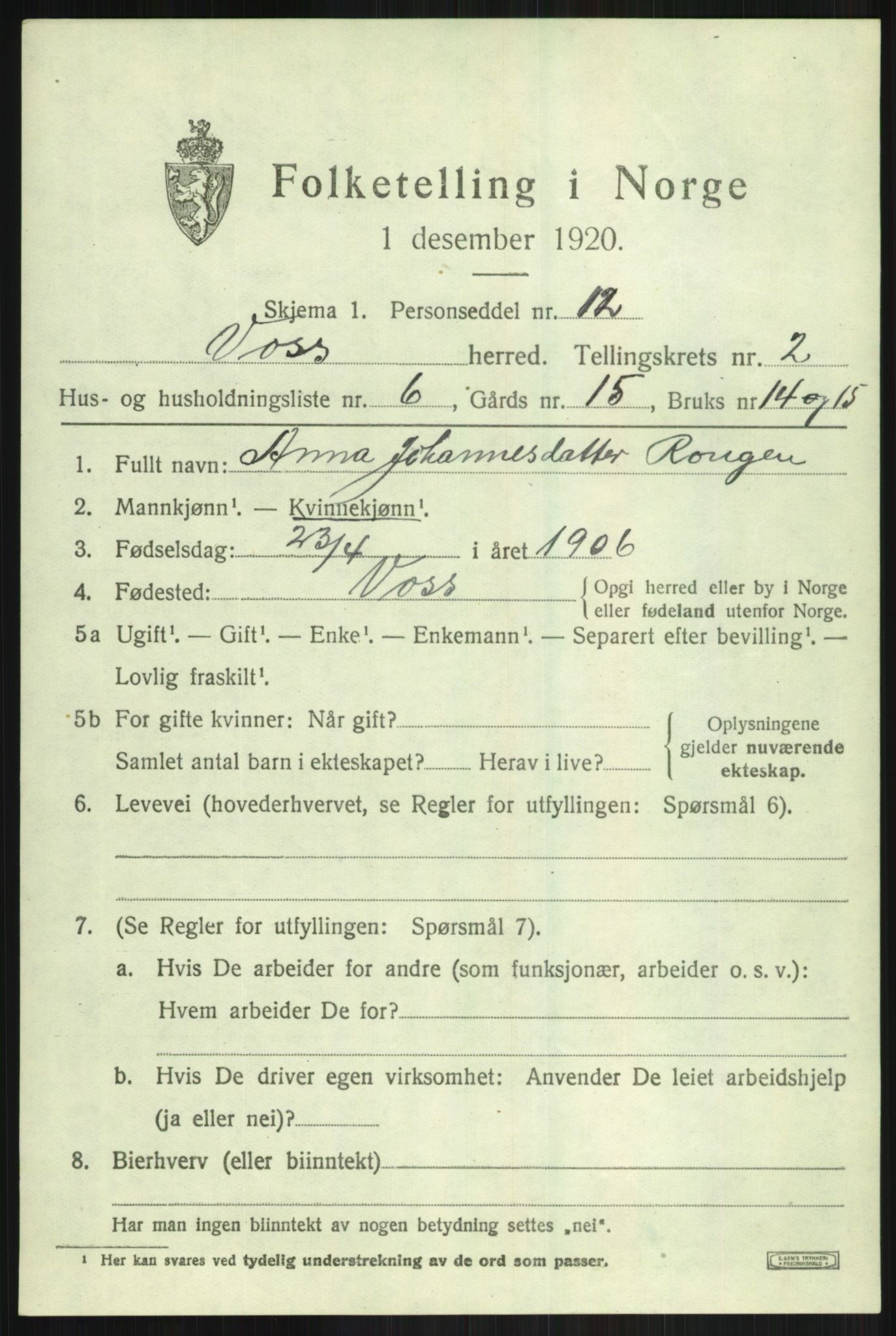 SAB, 1920 census for Voss, 1920, p. 3525