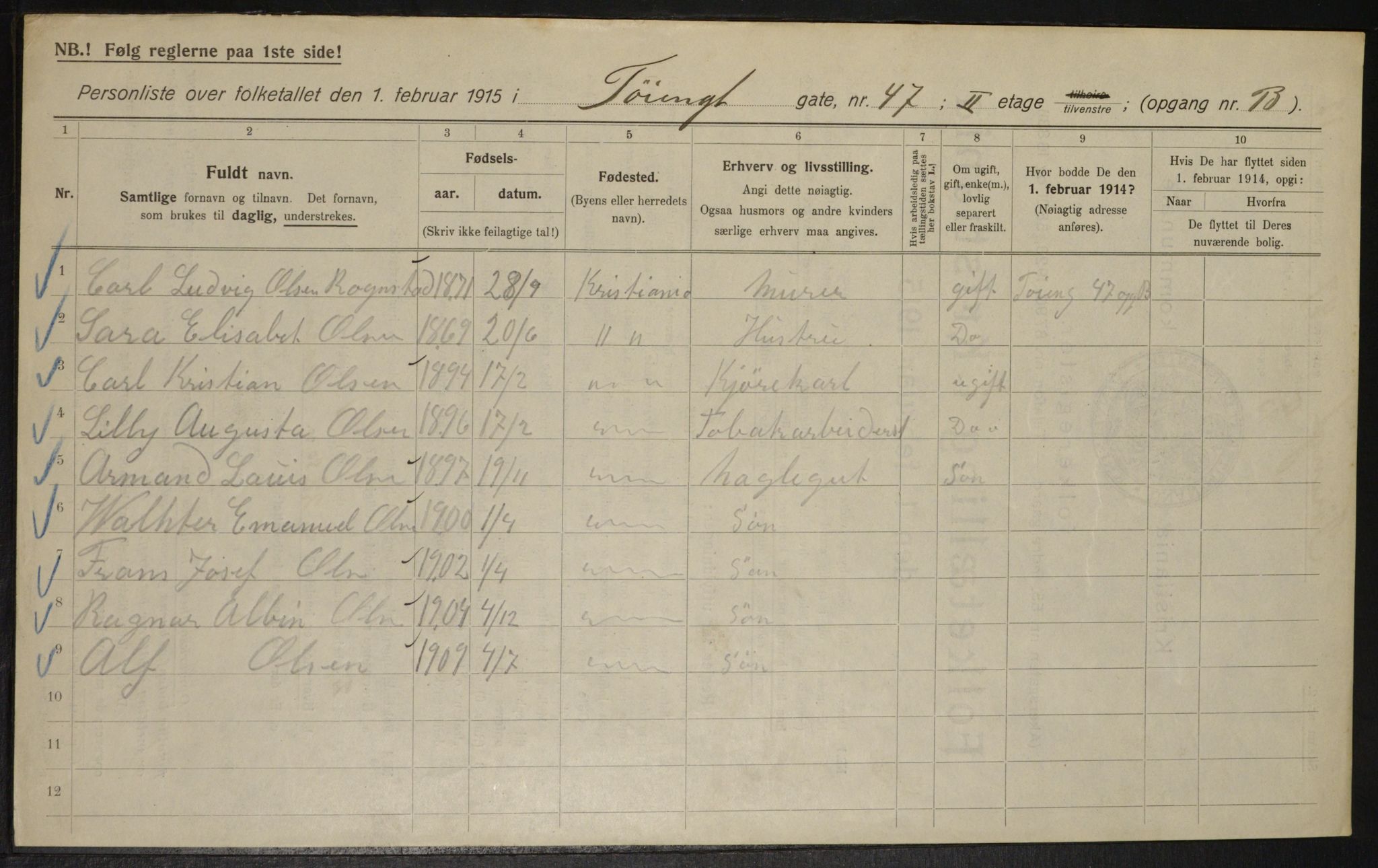 OBA, Municipal Census 1915 for Kristiania, 1915, p. 119122