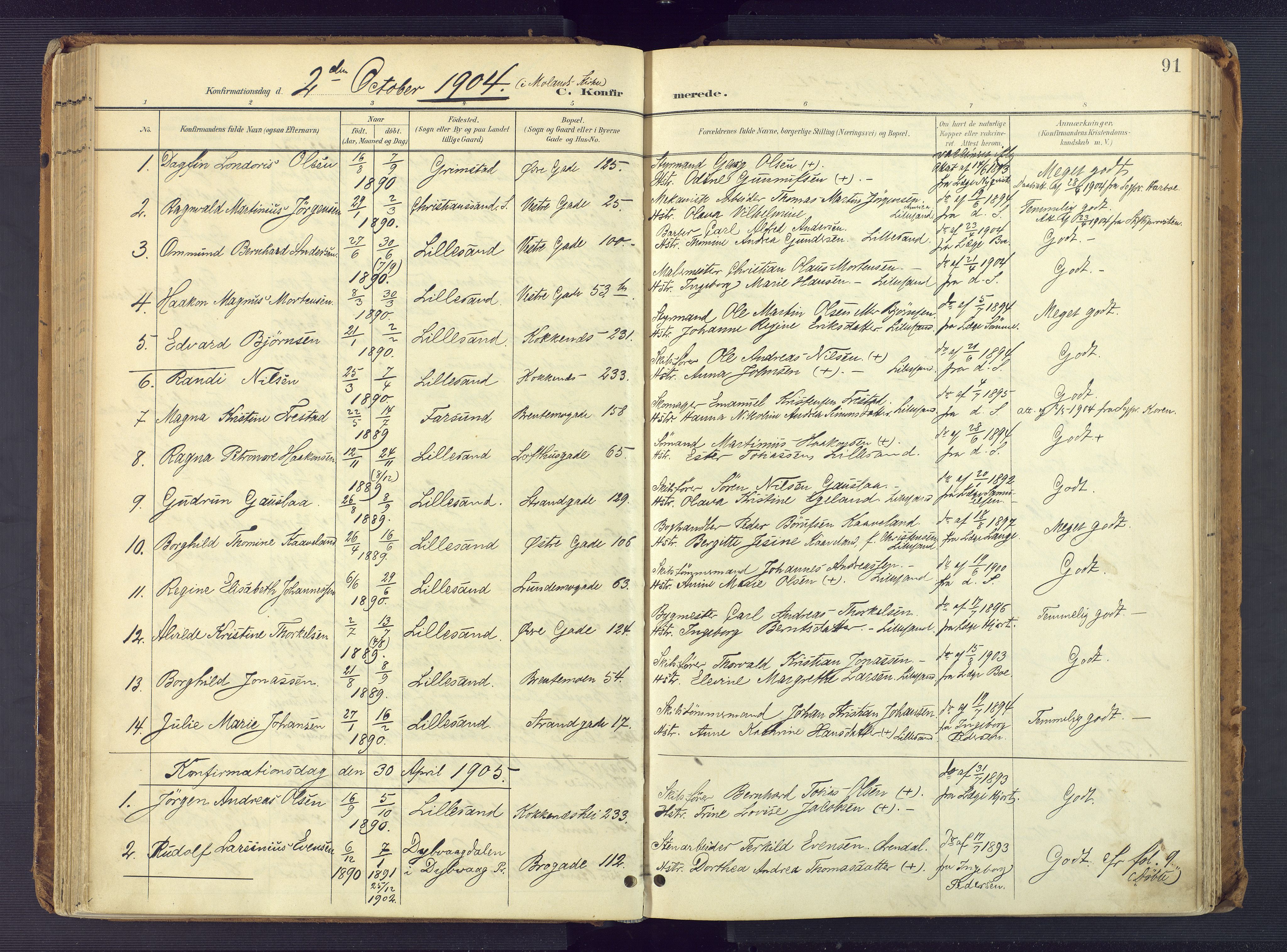 Vestre Moland sokneprestkontor, SAK/1111-0046/F/Fa/Faa/L0002: Parish register (official) no. A 2, 1900-1926, p. 91