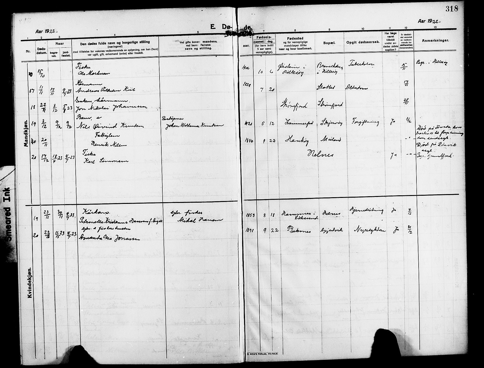 Skjervøy sokneprestkontor, AV/SATØ-S-1300/H/Ha/Hab/L0009klokker: Parish register (copy) no. 9, 1911-1926, p. 318