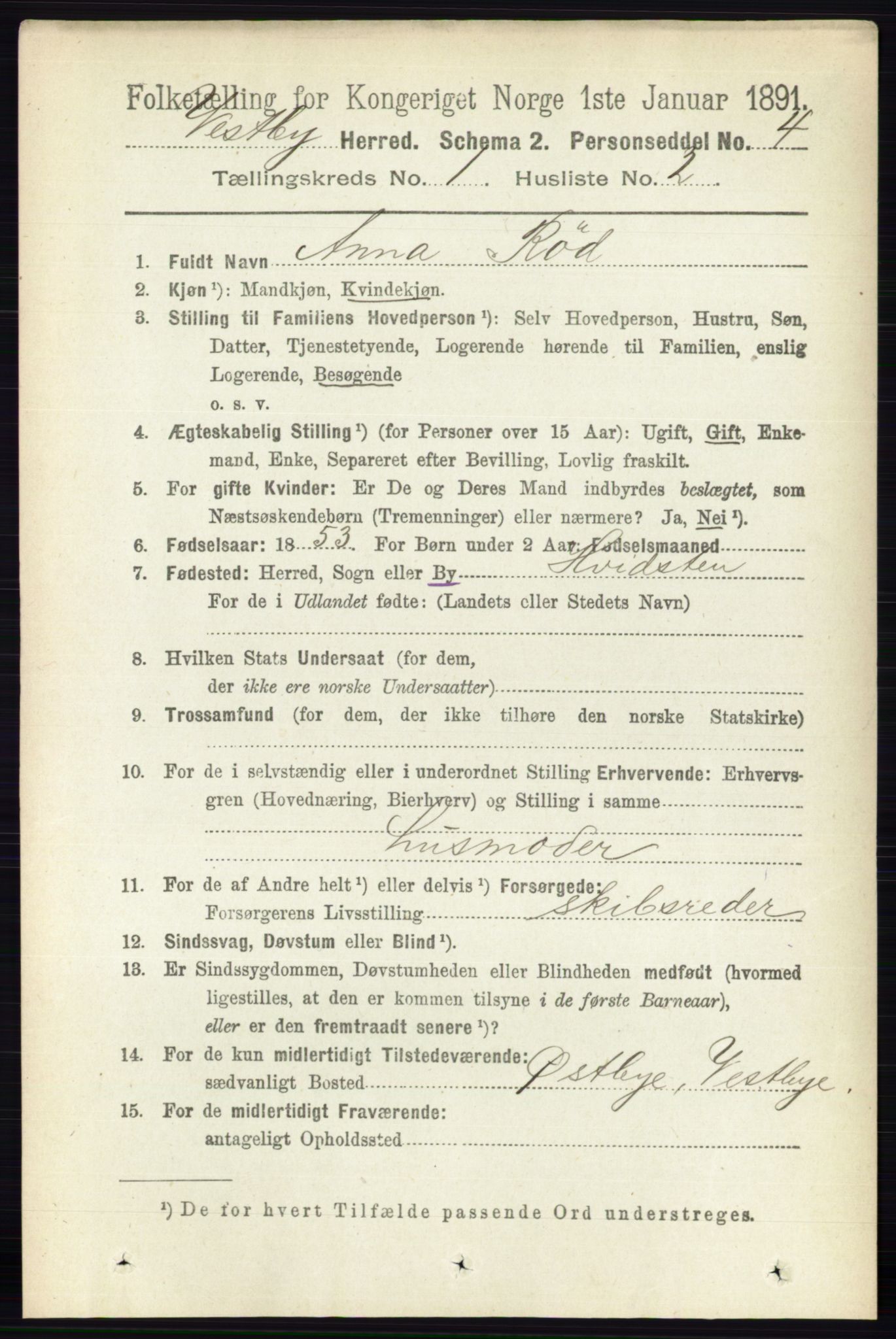 RA, 1891 census for 0211 Vestby, 1891, p. 87