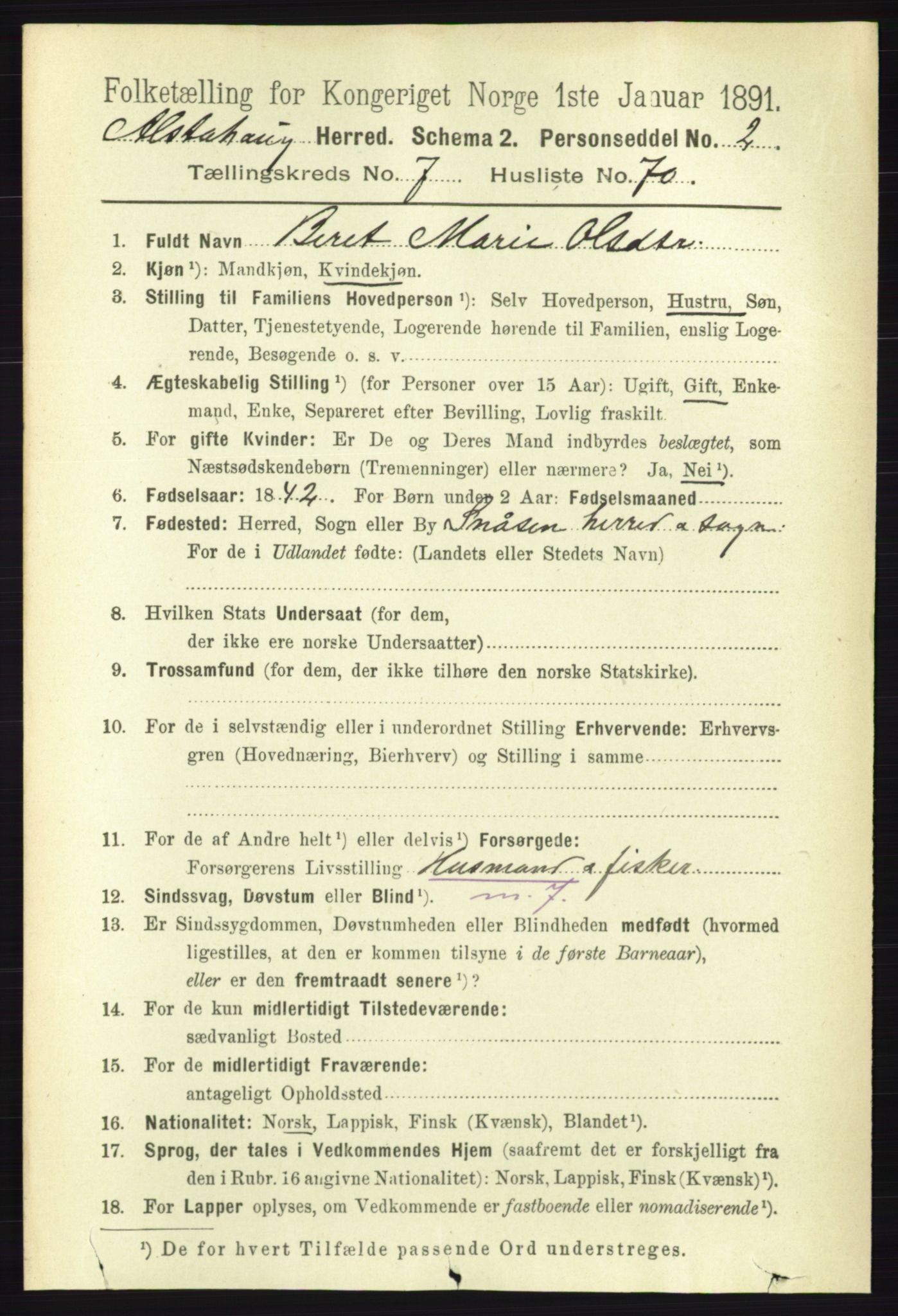 RA, 1891 census for 1820 Alstahaug, 1891, p. 2851