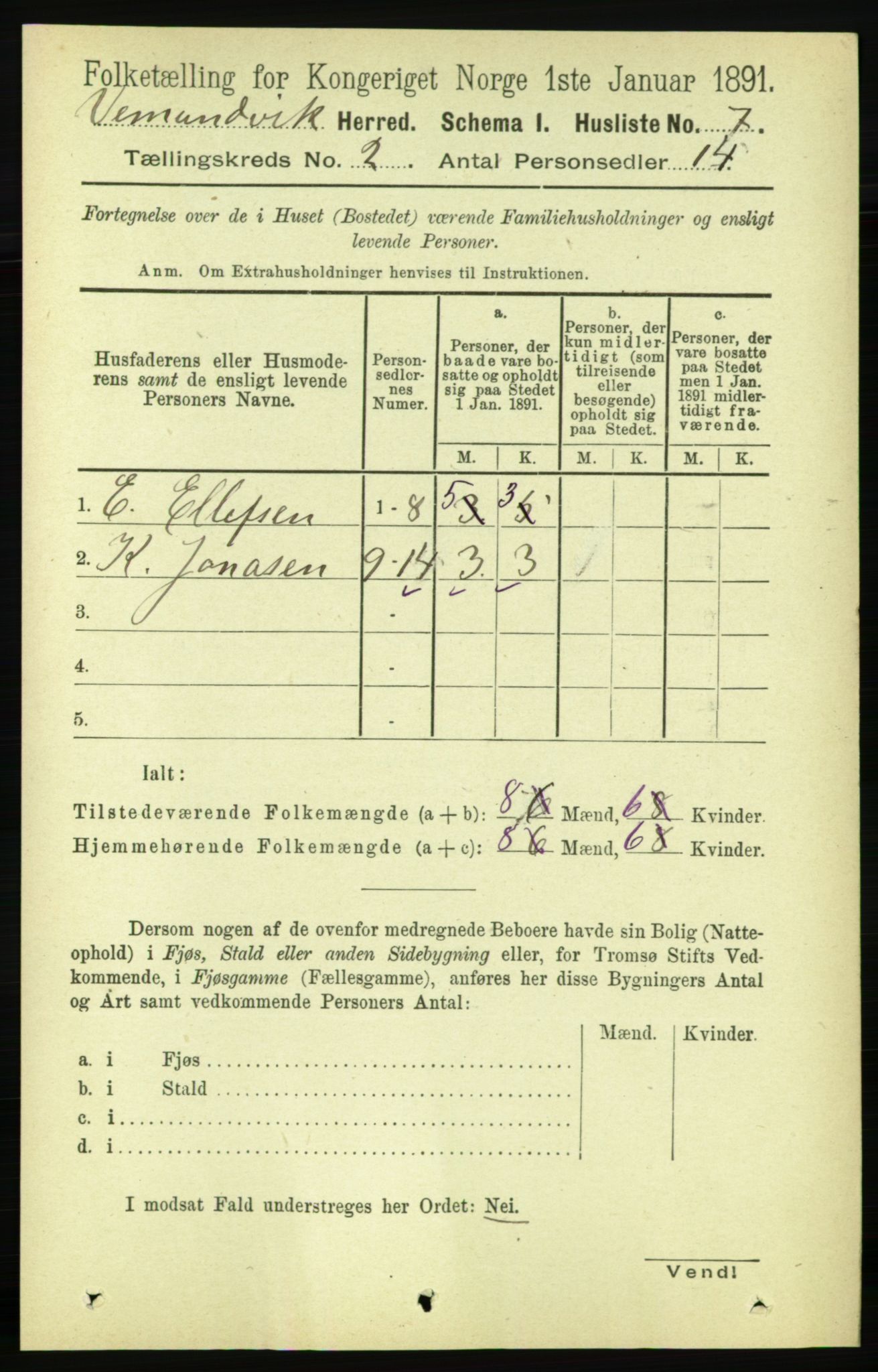 RA, 1891 census for 1745 Vemundvik, 1891, p. 511