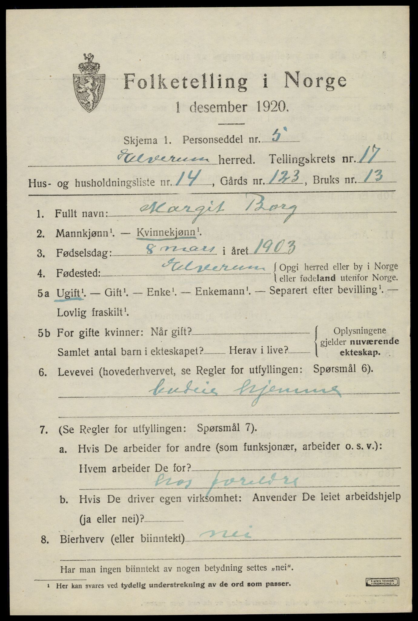 SAH, 1920 census for Elverum, 1920, p. 21440