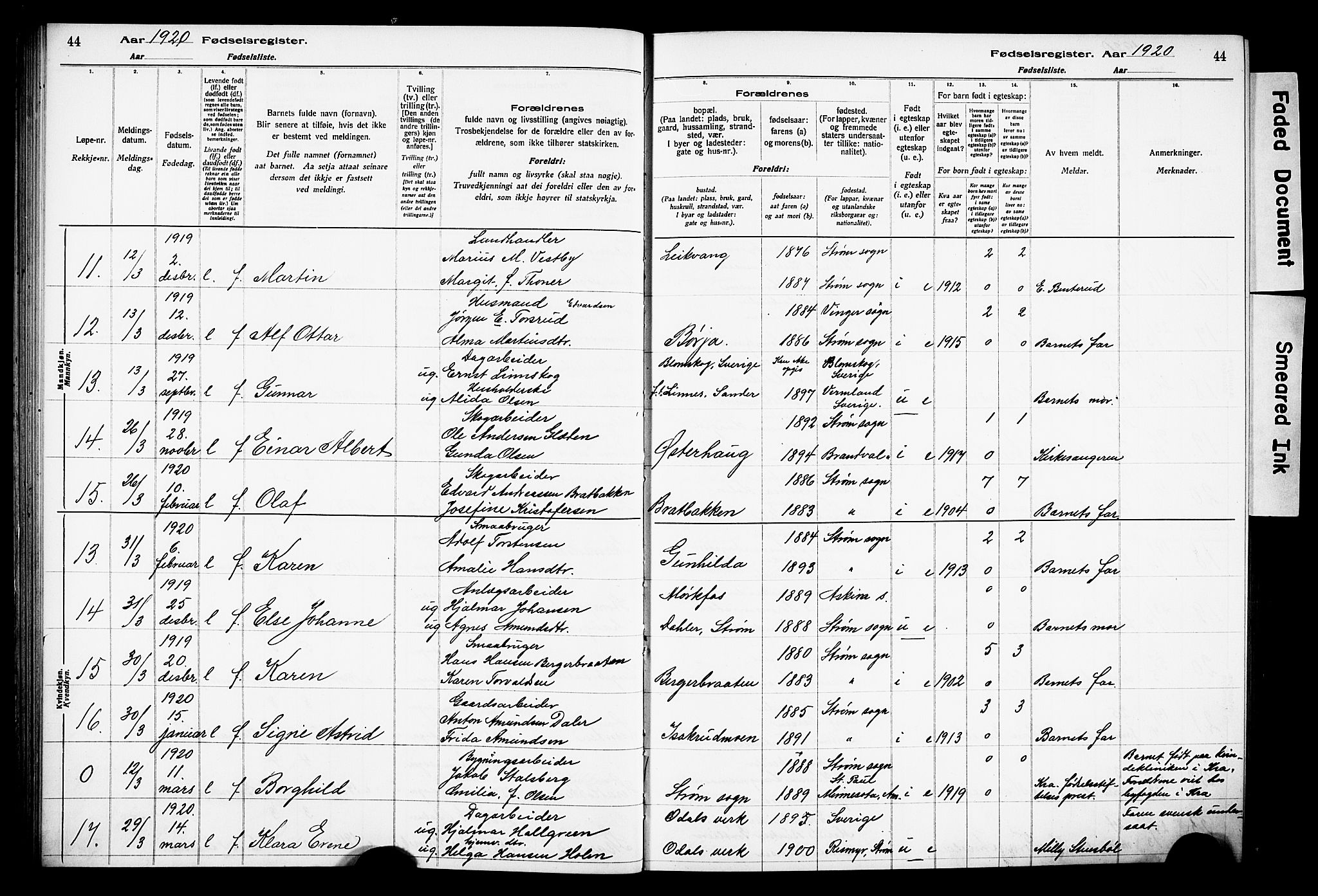 Sør-Odal prestekontor, SAH/PREST-030/I/Id: Birth register no. 1, 1916-1931, p. 44