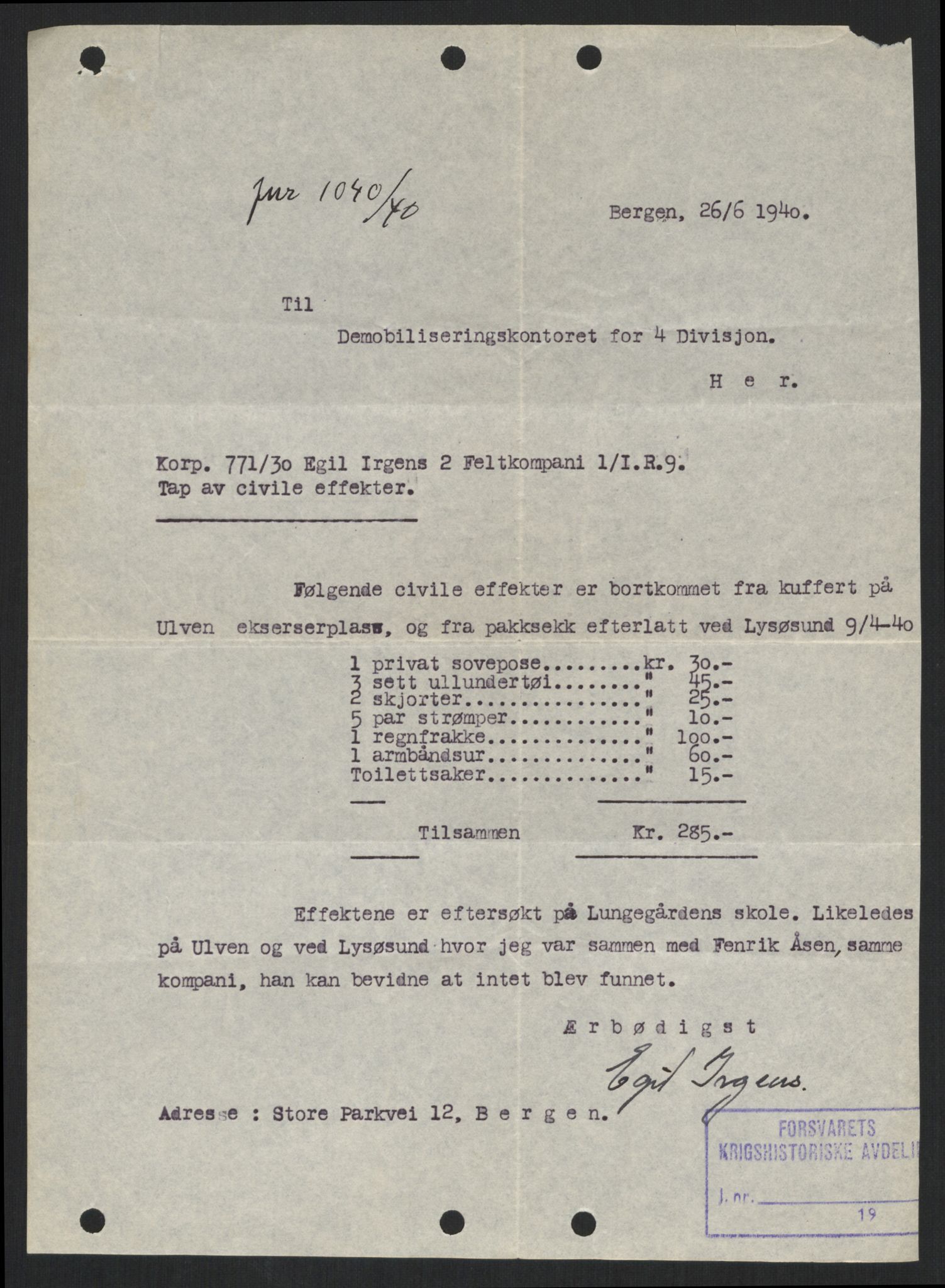 Forsvaret, Forsvarets krigshistoriske avdeling, AV/RA-RAFA-2017/Y/Yb/L0102: II-C-11-411  -  4. Divisjon., 1940, p. 713