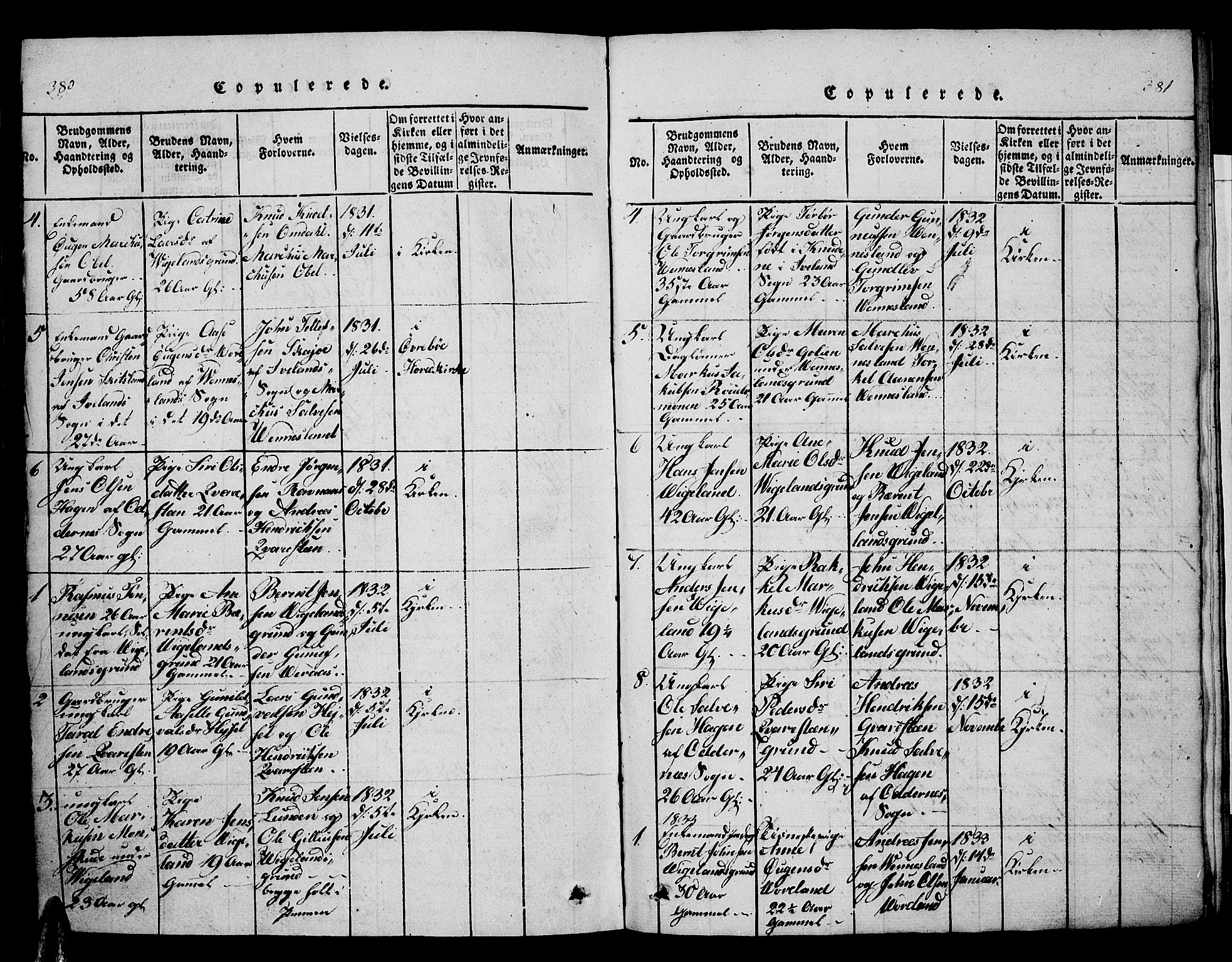 Vennesla sokneprestkontor, AV/SAK-1111-0045/Fb/Fbb/L0001: Parish register (copy) no. B 1, 1820-1834, p. 380-381