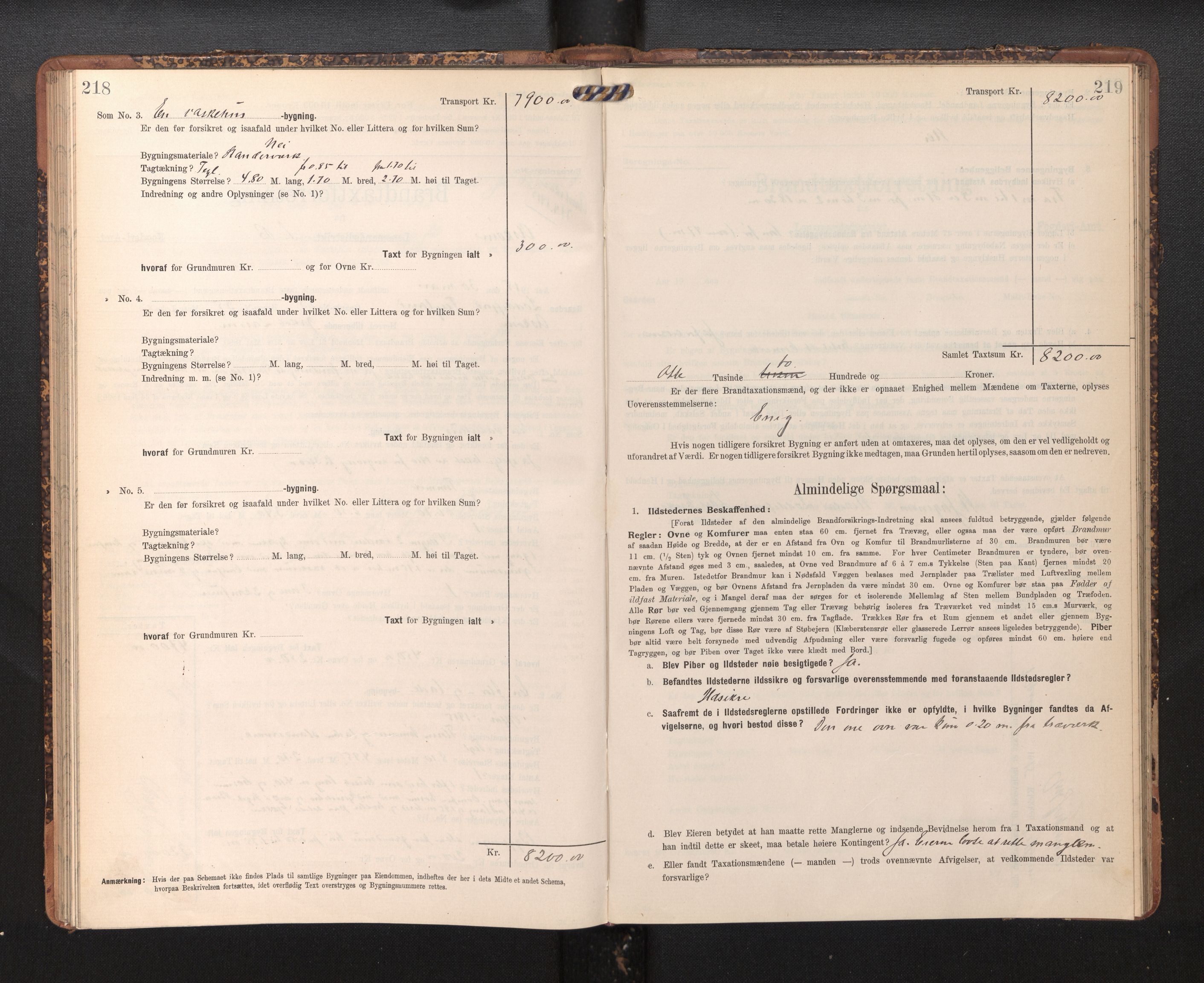 Lensmannen i Askøy, AV/SAB-A-31001/0012/L0005: Branntakstprotokoll, skjematakst, 1907-1915, p. 218-219