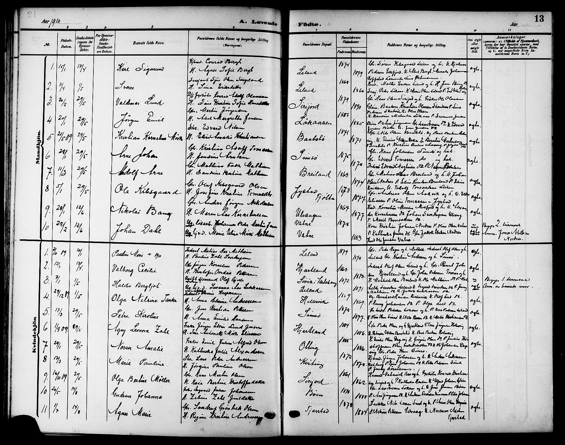 Ministerialprotokoller, klokkerbøker og fødselsregistre - Nordland, SAT/A-1459/832/L0494: Parish register (copy) no. 832C01, 1906-1922, p. 13