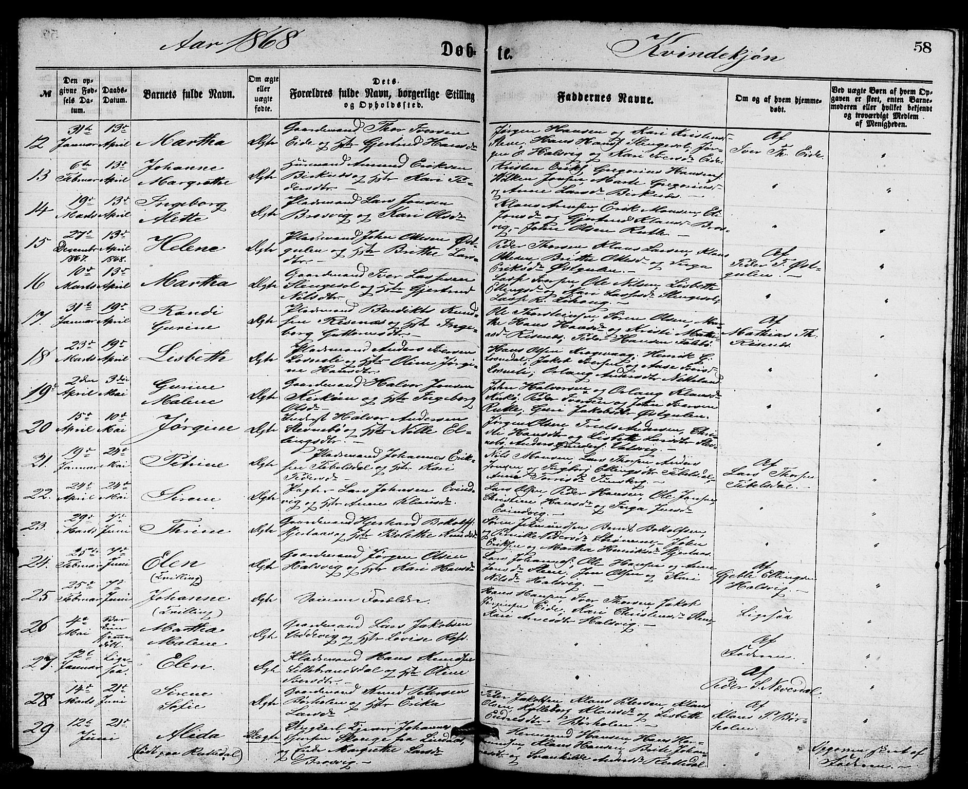 Gulen sokneprestembete, AV/SAB-A-80201/H/Hab/Habb/L0002: Parish register (copy) no. B 2, 1867-1883, p. 58