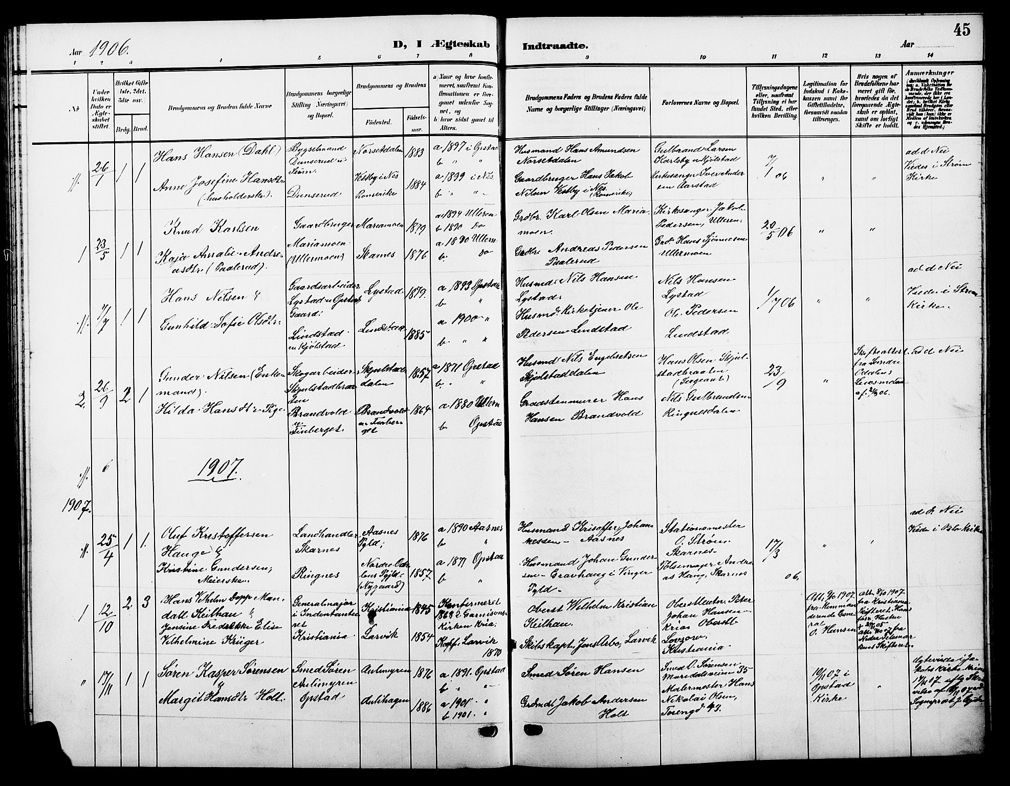Sør-Odal prestekontor, SAH/PREST-030/H/Ha/Hab/L0006: Parish register (copy) no. 6, 1906-1919, p. 45