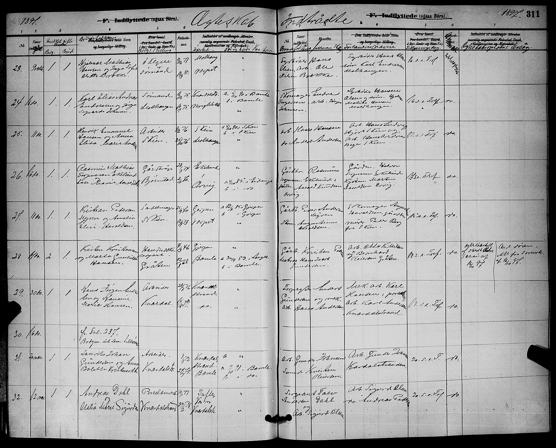 Solum kirkebøker, AV/SAKO-A-306/G/Ga/L0007: Parish register (copy) no. I 7, 1884-1898, p. 311