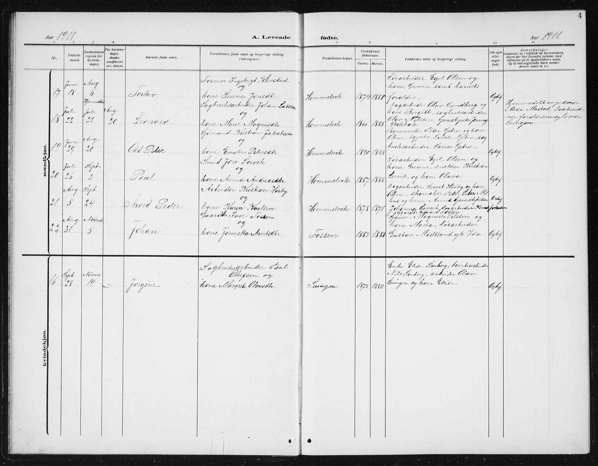 Ministerialprotokoller, klokkerbøker og fødselsregistre - Sør-Trøndelag, SAT/A-1456/617/L0431: Parish register (copy) no. 617C02, 1910-1936, p. 4