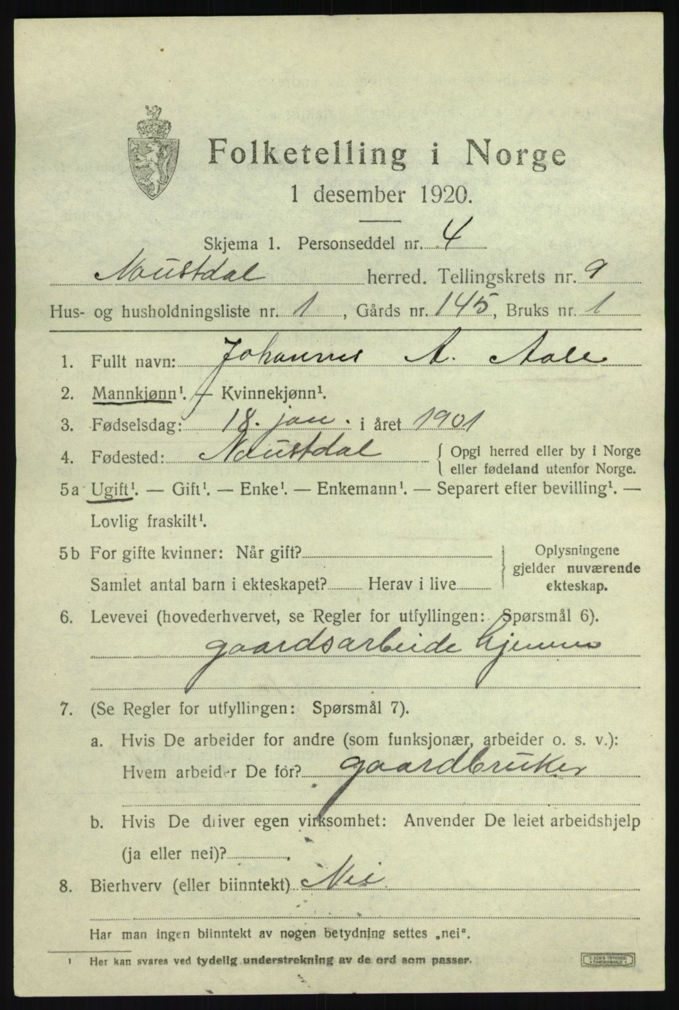 SAB, 1920 census for Naustdal, 1920, p. 5353