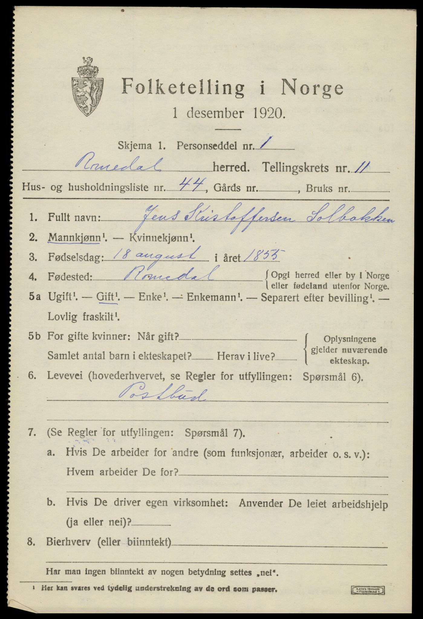 SAH, 1920 census for Romedal, 1920, p. 12591