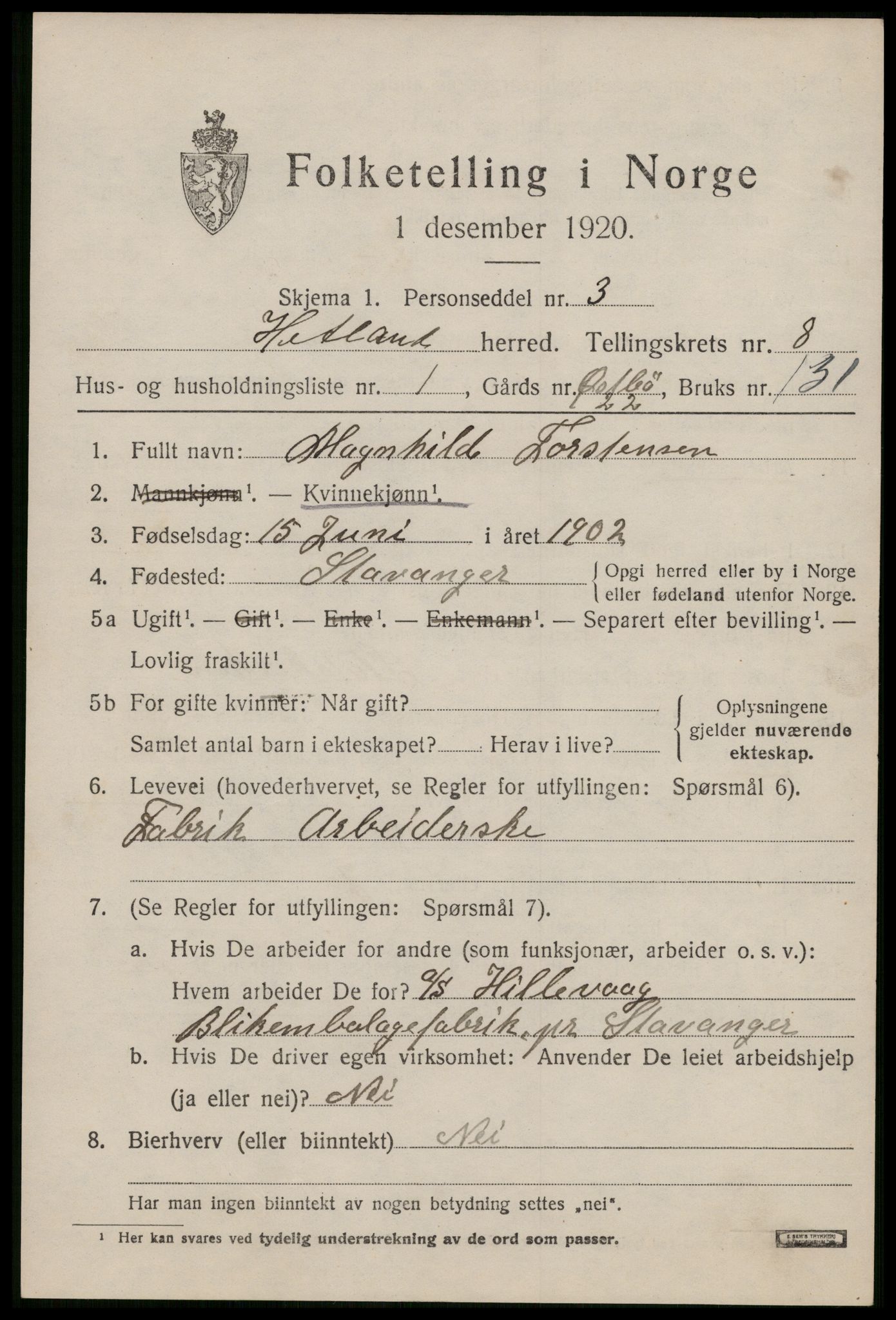 SAST, 1920 census for Hetland, 1920, p. 15447