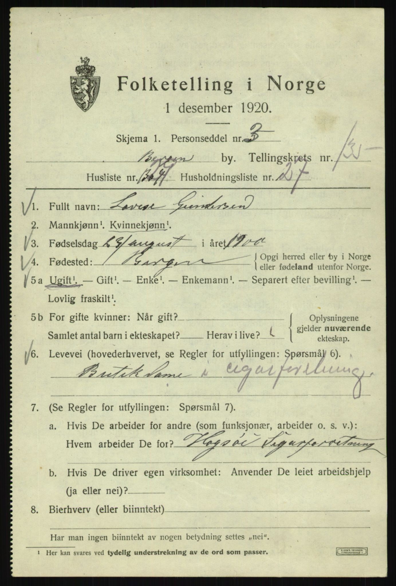 SAB, 1920 census for Bergen, 1920, p. 226754