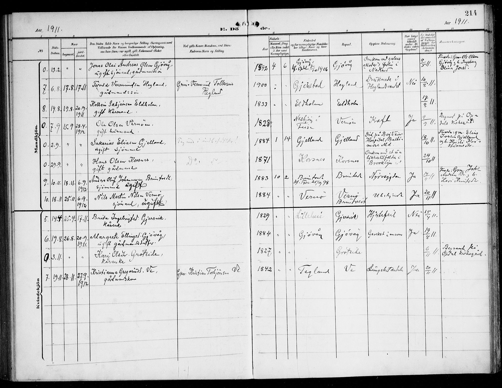 Tysnes sokneprestembete, AV/SAB-A-78601/H/Haa: Parish register (official) no. B 2, 1907-1925, p. 214